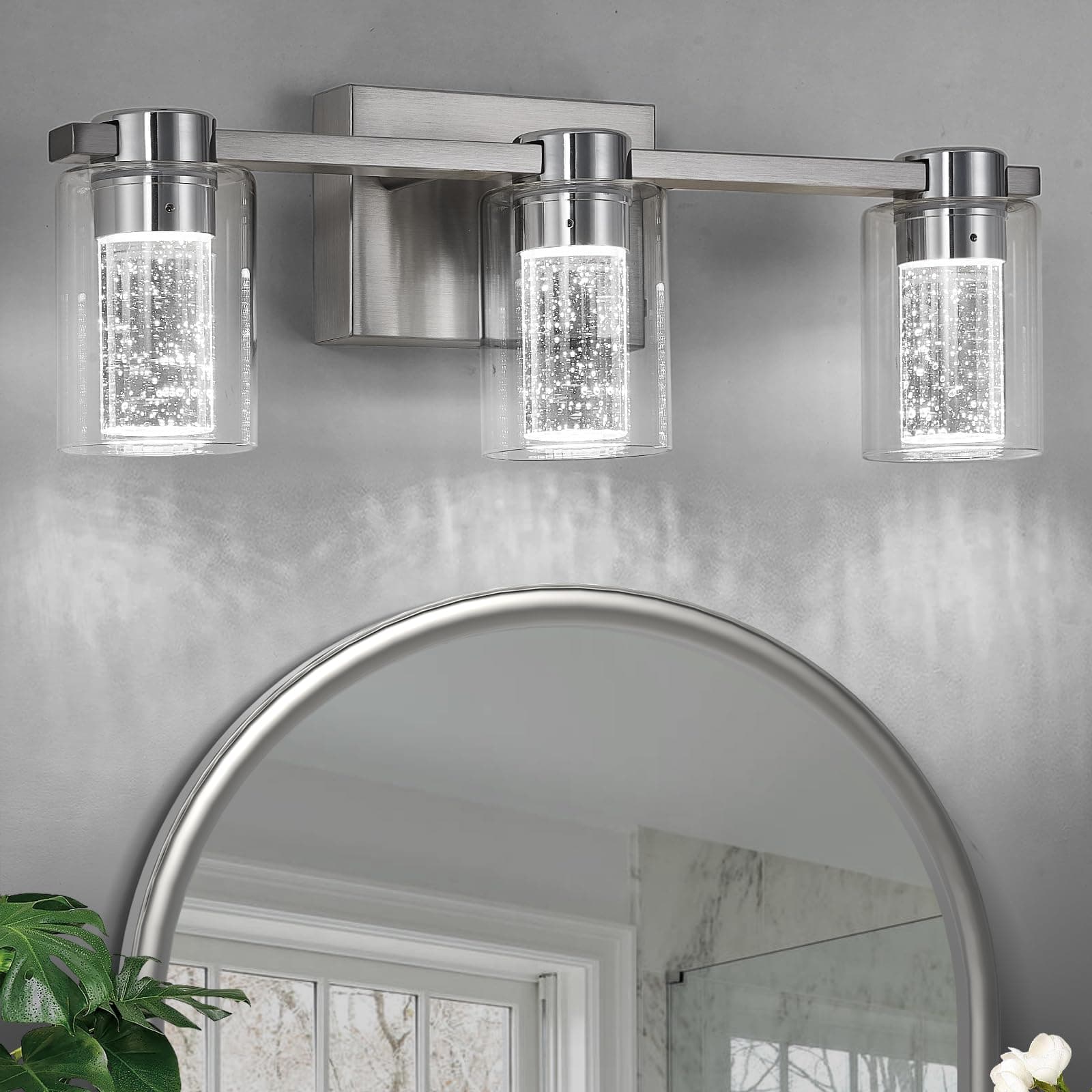 Bathroom Light Fixtures, Brushed Nickel 3 Light Bathroom Vanity Light Over Mirror, Modern Crystal Dimmable LED Vanity Lights with Clear Glass Shade for Bedroom Living Room