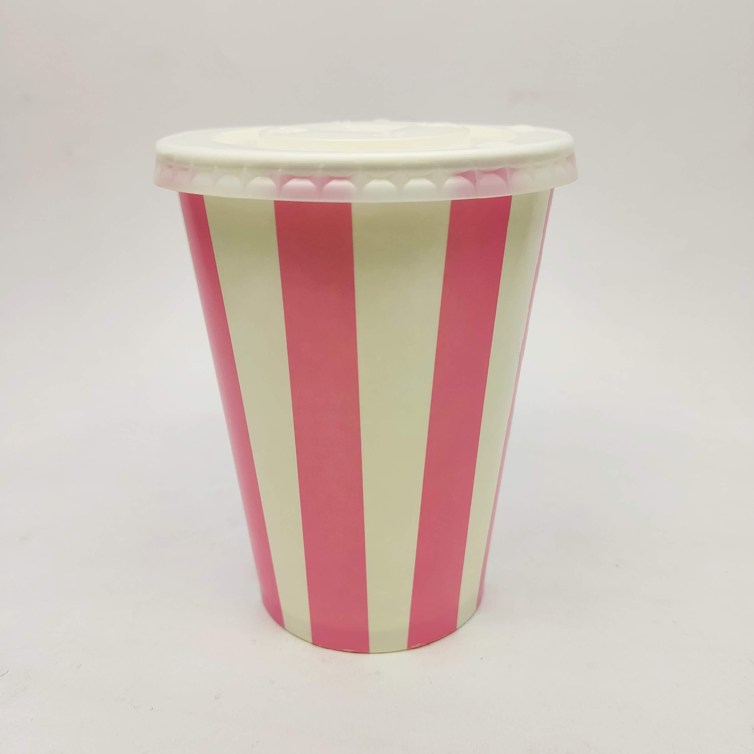 12oz Pink Candy Stripe Disposable Milkshake Cold Drink Paper Cups & Flat Straw Slot Lid - 200 Pack