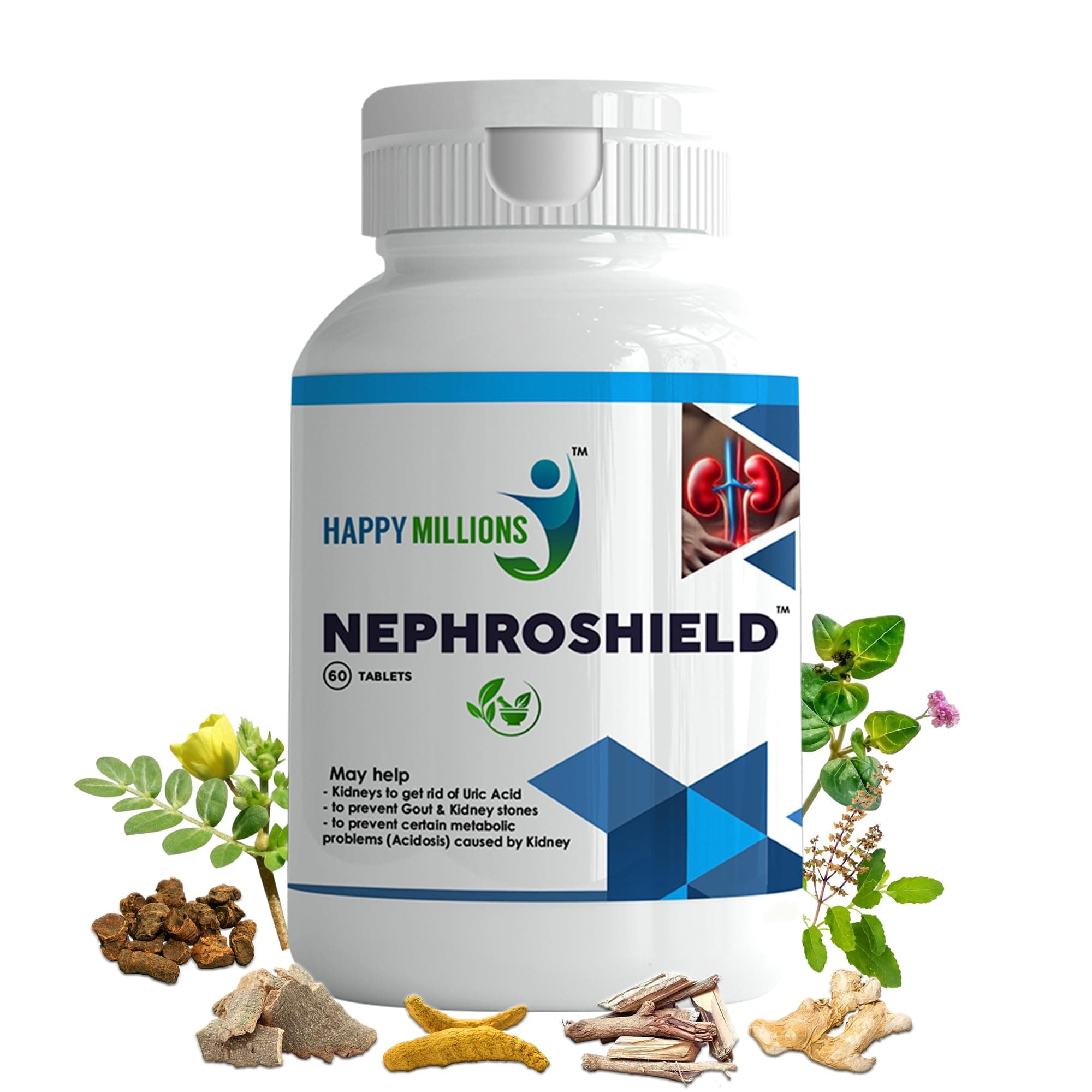 HappyMillions Nephroshield Kidney Detoxify Health Supplement 60 Tablets | May help with Stones, Gout, Uric Acid and Kidney Health