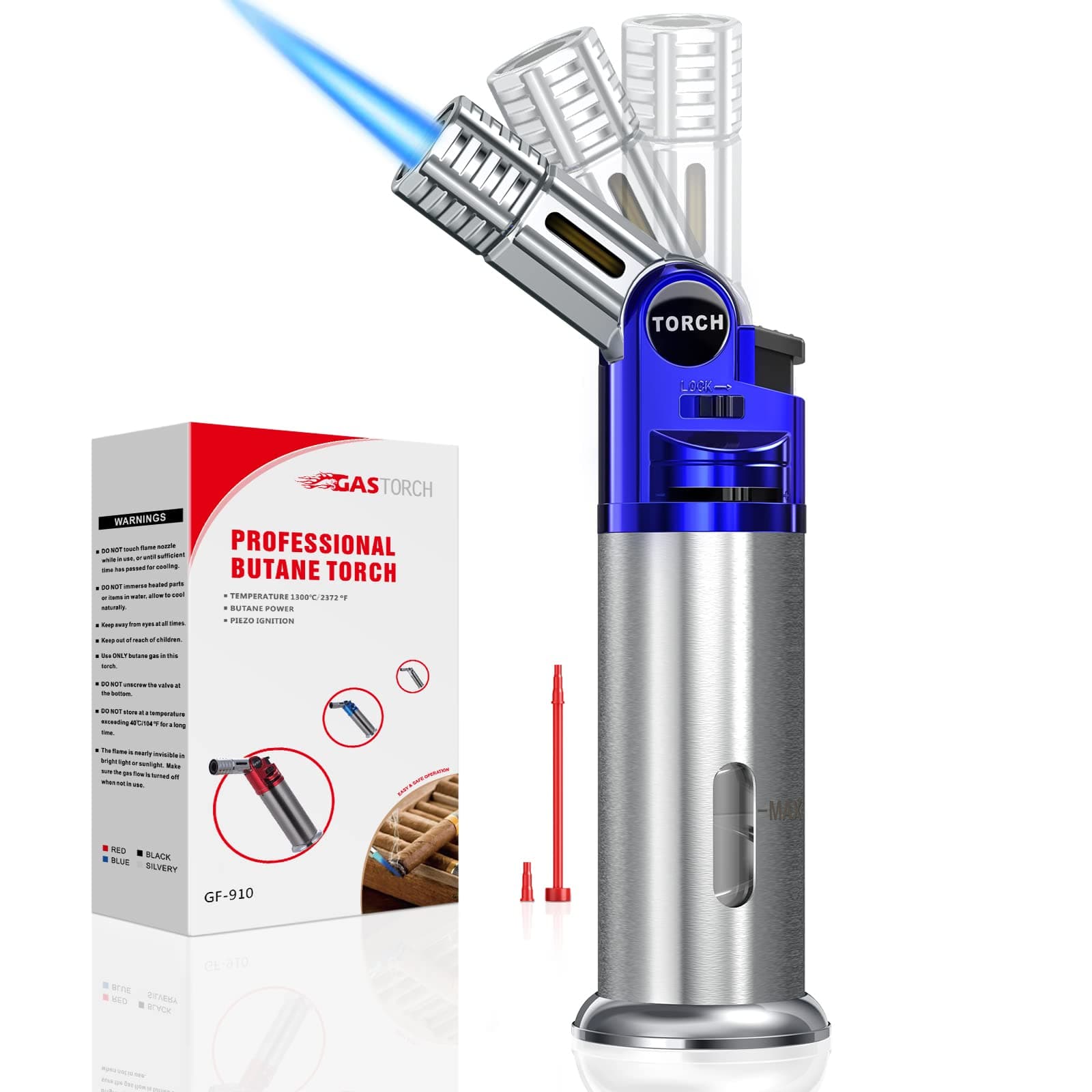 ZEBRE Butane Torch with Fuel Gauge, Refillable Kitchen Torch Lighter with Safety Lock and Adjustable Flame & Tube, Culinary Torch for Desserts, Creme Brulee, BBQ and Baking (Butane Gas Not Included)