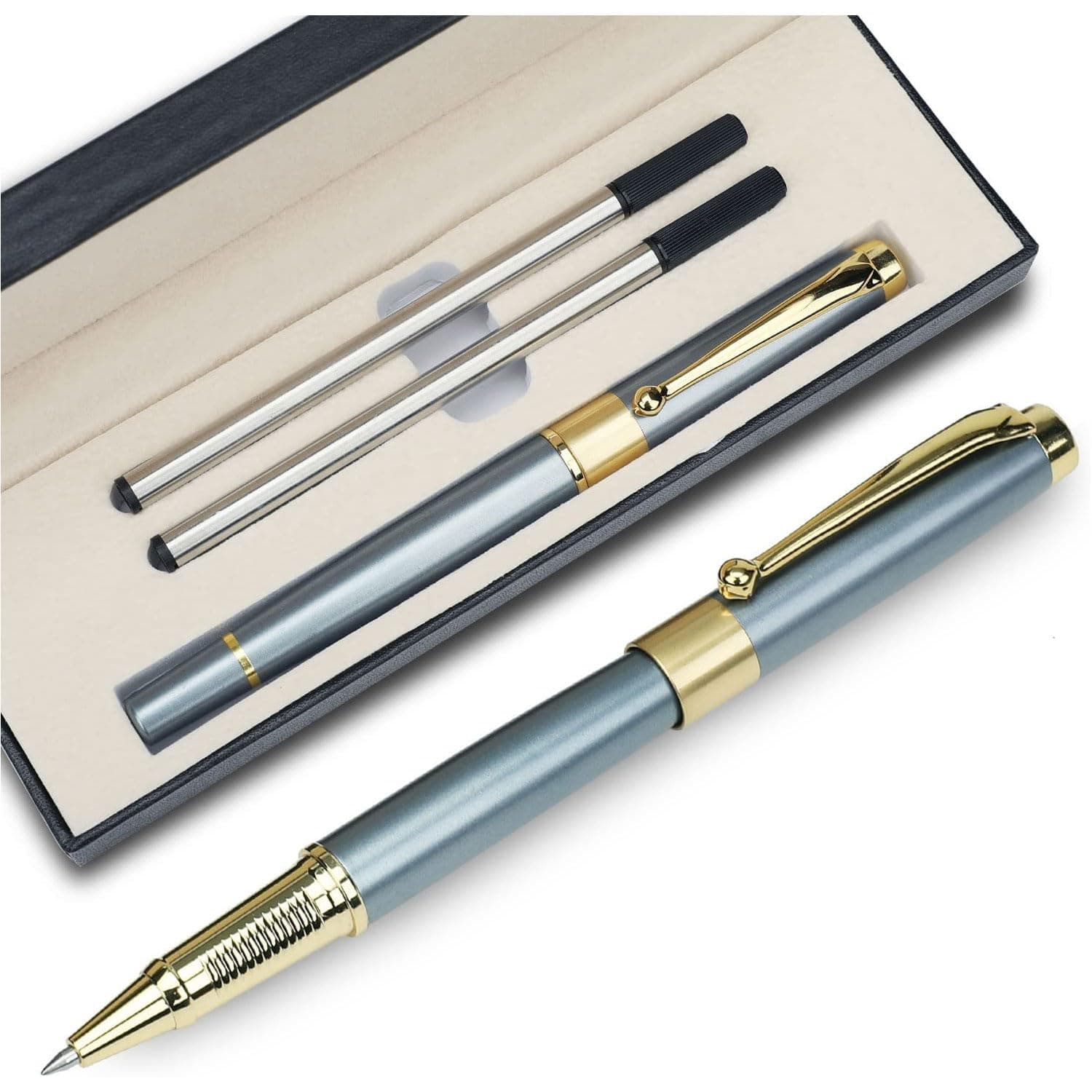 Ballpoint Pen 0.5, Metallic Silver Lacquer with Chrome Trim, Luxury Ballpoint Line Width 0.5mm Come with 2 Pieces Black Ink Refill, for Professional Executive, Office, Nice BallPens Classy Gift Box