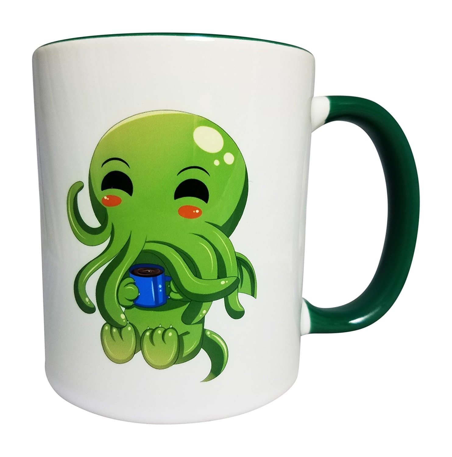 Cute Kawaii Cthulhu Drinking Coffee Ceramic Mug 11 oz with Green Accent Color