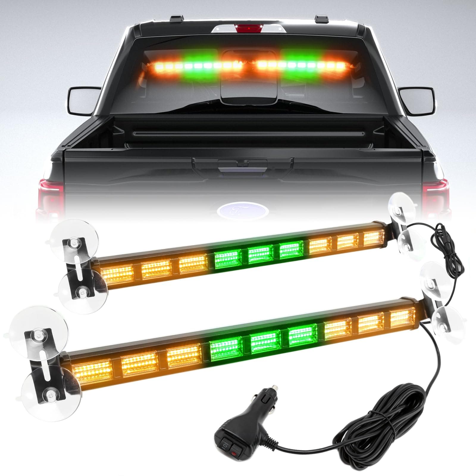 BooYu [Upgraded Switchable 4 Colors Emergency Strobe Traffic Advisor Light Bar 162 LED Windshield 2 in 1 Visor Safety Warning Hazard Flashing Lights for Firefighter Police Truck Vehicle (Amber/Green)