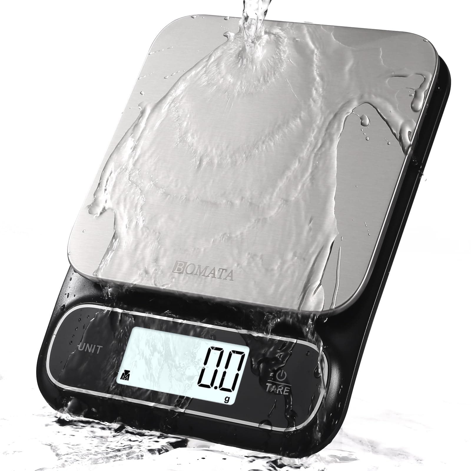 BOMATA Waterproof IPX6 Kitchen Scale, 0.1g High Precision, 5kg, Digital Scales with Backlight, Stainless Steel Weighing Platform, Suitable for Food, Cooking, Baking, etc. B619 Black