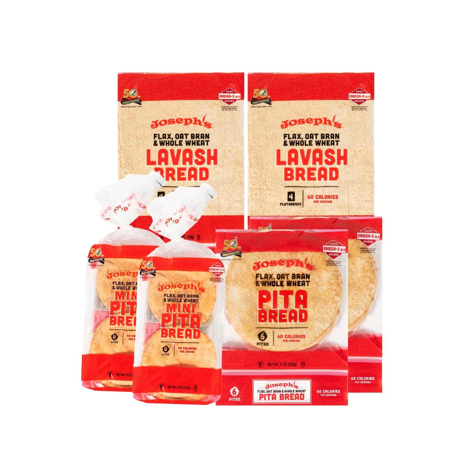 Joseph's Combo Value Pack, Flax, Oat Bran & Whole Wheat, Low Carb Pita Bread, Lavash Bread, and MINI Pita, Fresh Baked (2 Packs Each, 6 Packages Total)