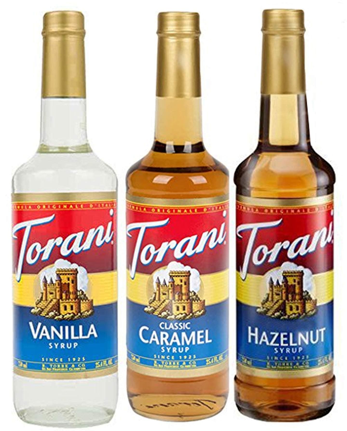 Torani Syrup Coffee Variety Pack - Vanilla, Caramel Classic, Hazelnut Classic, 3-count, 25.4-ounce Bottles for Coffee, Desserts and Smoothies