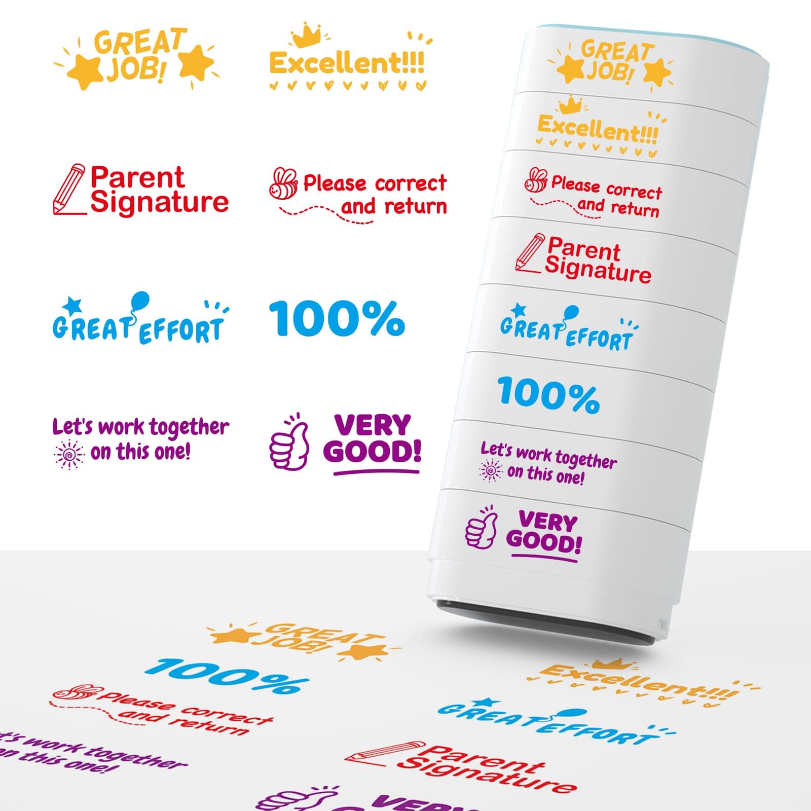 8-in-1 Teacher Stamps for Grading, Classroom & Homework - Self-Inking Set, Must-Have for Teachers (Colorful)