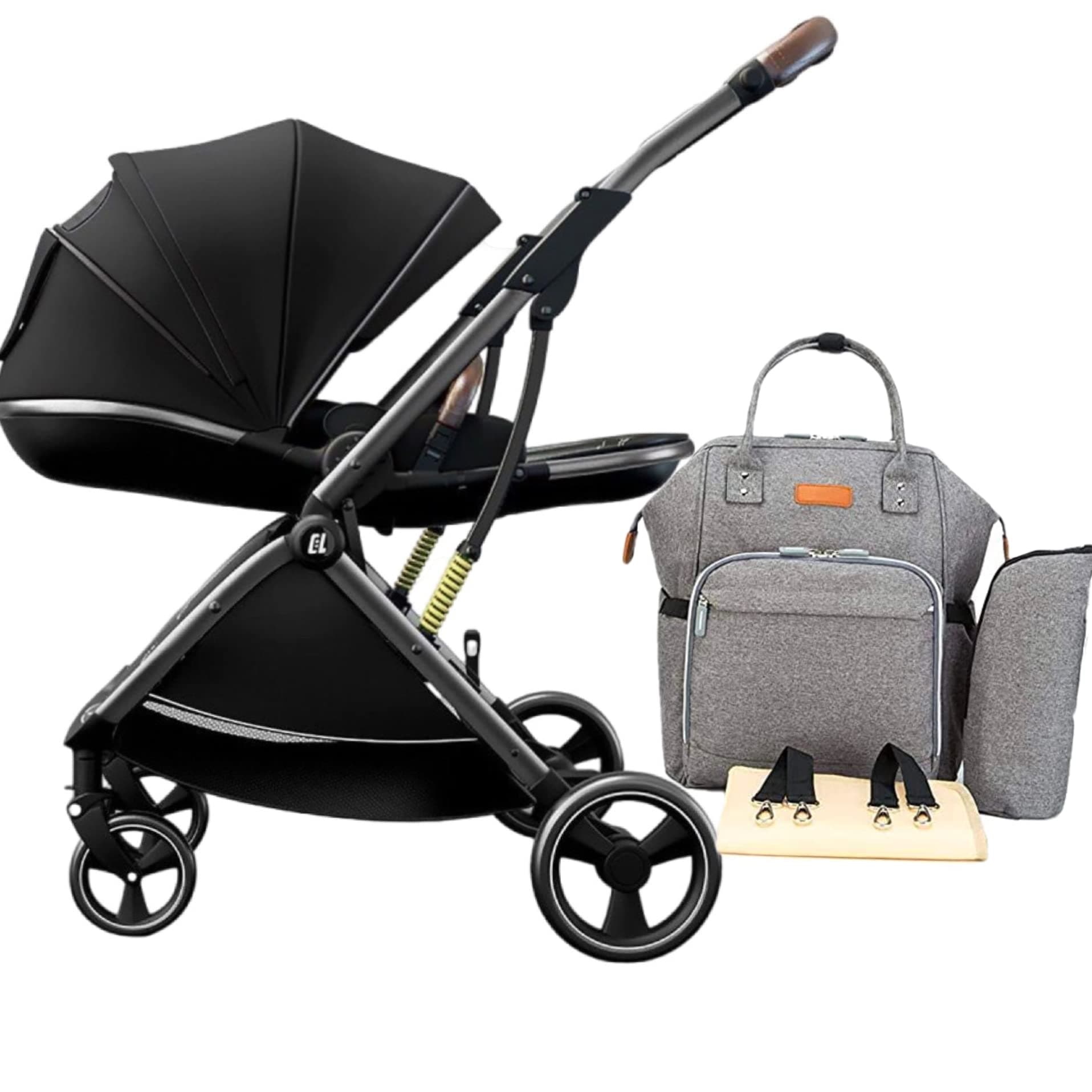 Baby stroller can Sit and Lie Down high landscape light shock absorption foldable two-way baby stroller for Newborn and 3 year baby (BLACK+BAG)