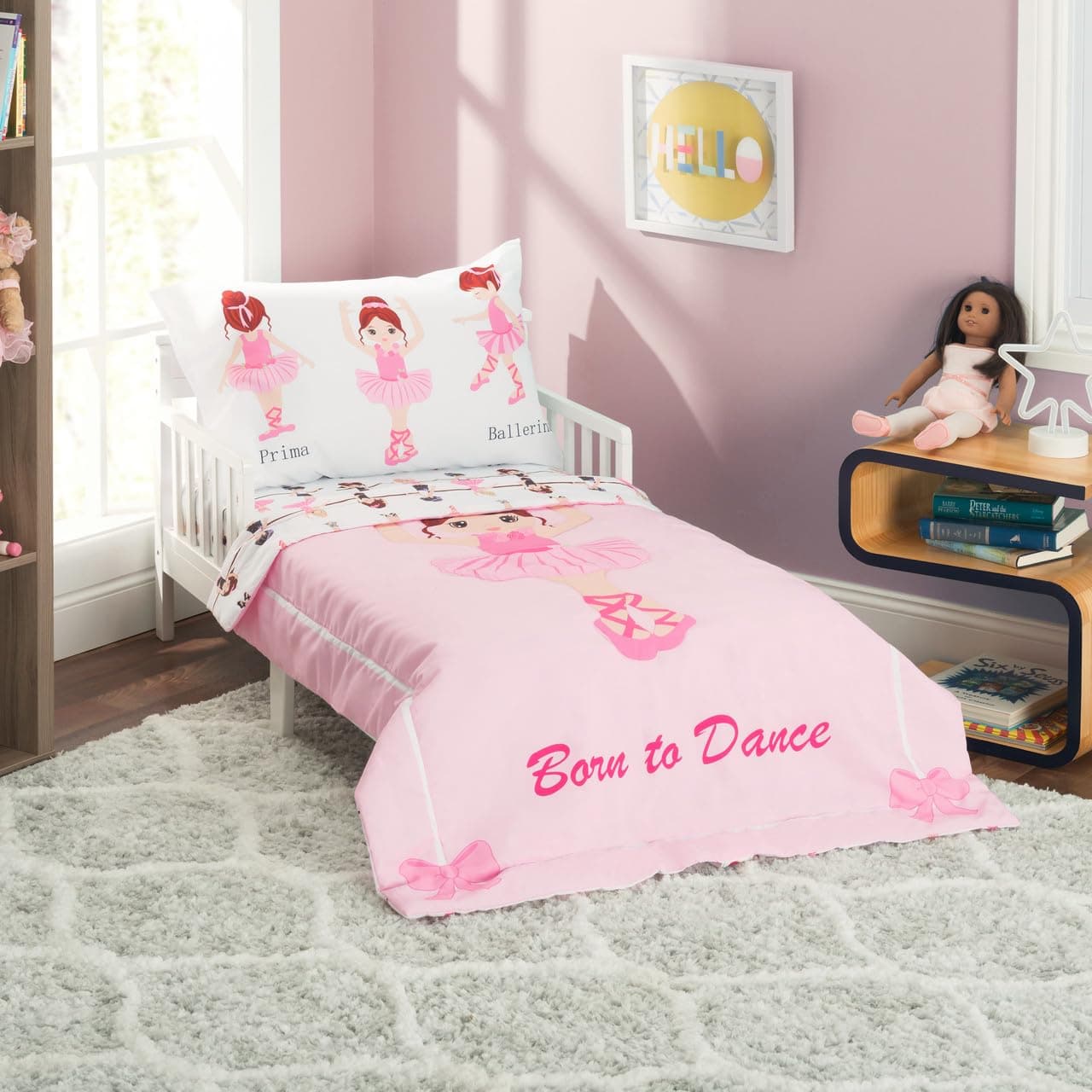 4 Piece Toddler Bedding Set -Born to Dance Ballerina- Includes Comforter, Flat Sheet, Fitted Sheet and Reversible Pillowcase
