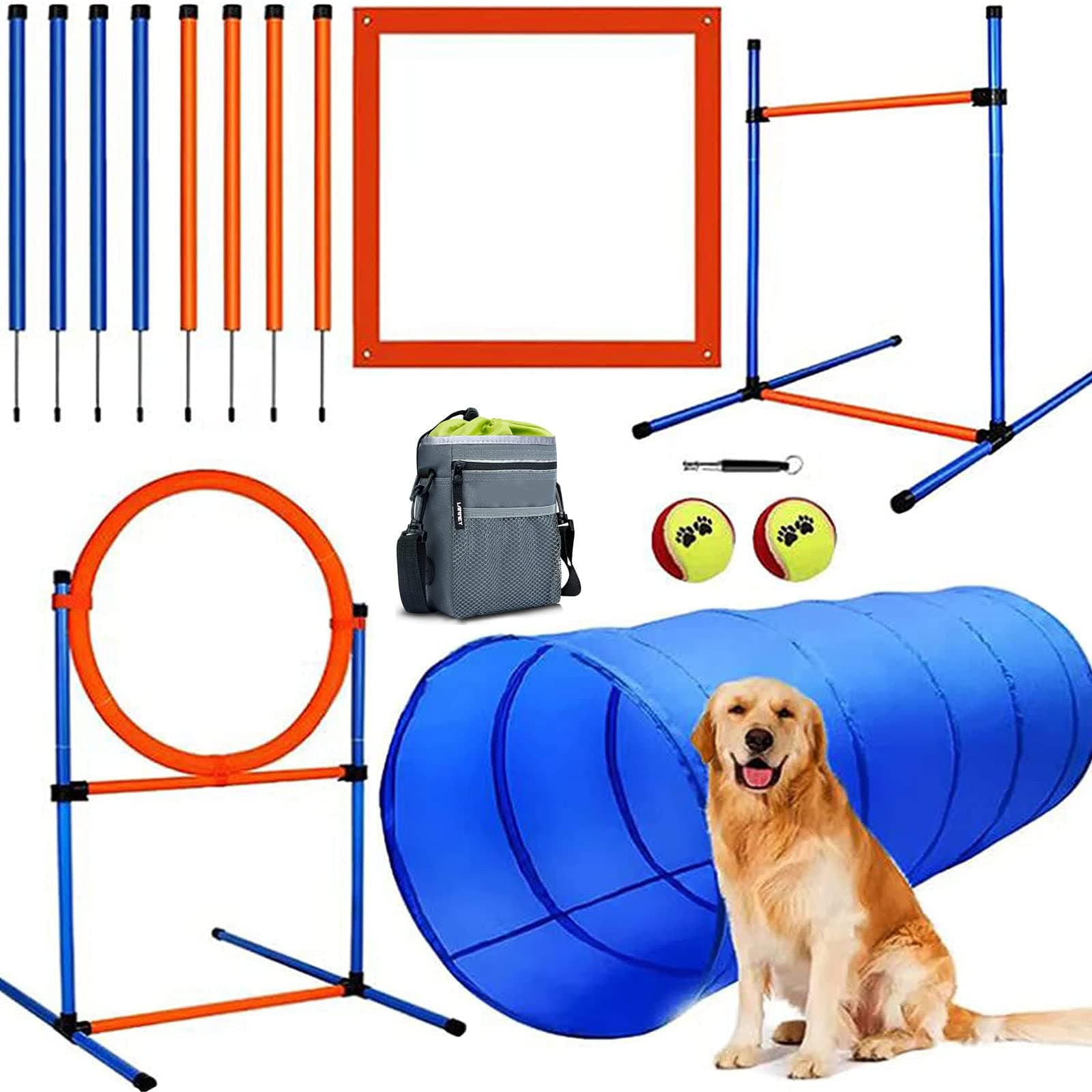 Dog Agility Training Equipment, 60-piece Dog Obstacle Course Training Starter Kit Pet Outdoor Game with Tunnel, Agility Hurdle, Weave Poles, Jump Ring, Pause Box, Toy Balls and Storage Bag