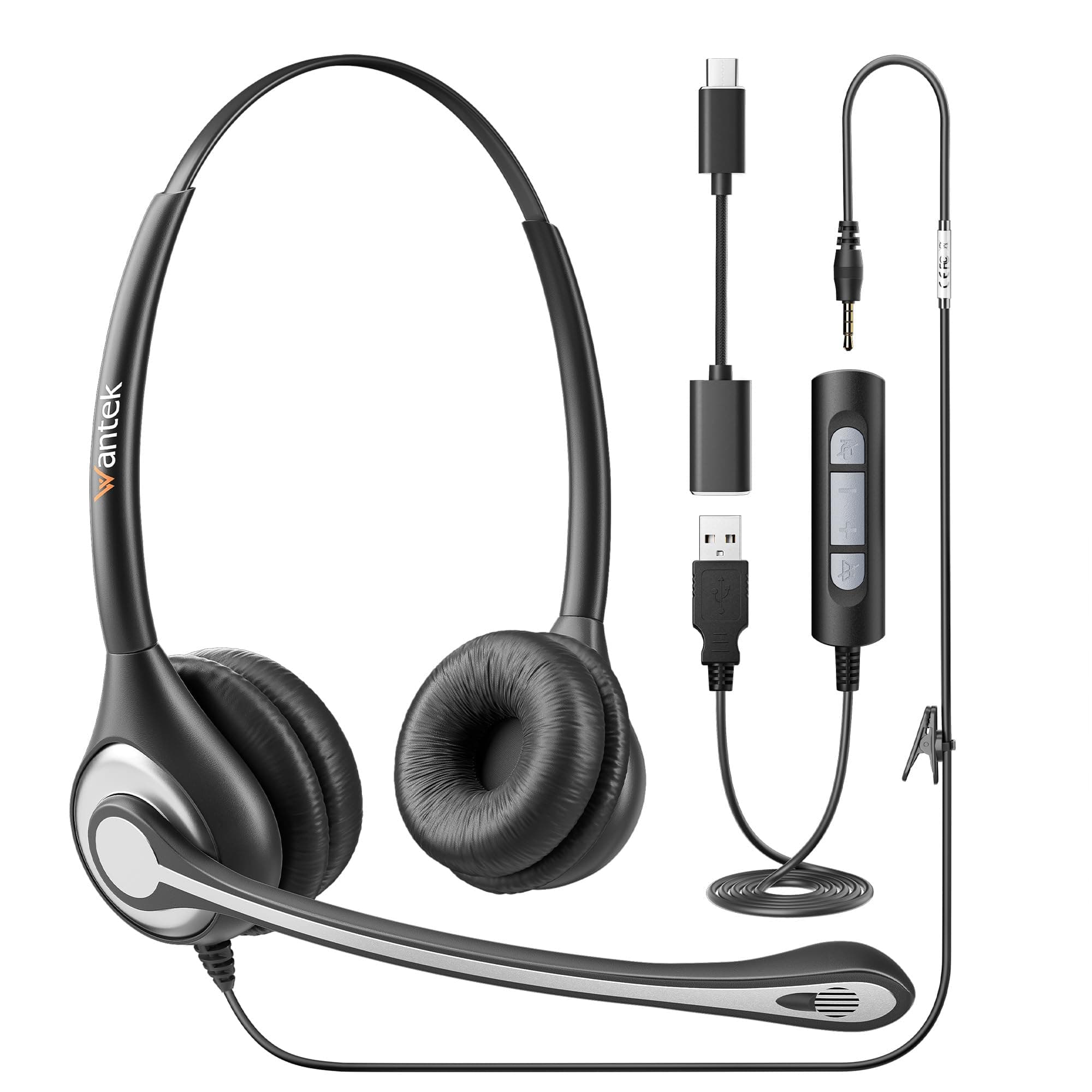 Wantek USB Headset with Microphone for Laptop,Type-c/USB/3.5mm Jack 3-In-1 PC Headphones with Mic Noise Cancelling,Computer headsets with Volume Control & Mute for Call Centers,Zoom,Home Office,VoIP