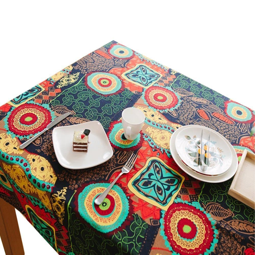 Lemon hour Table Cover, Rectangle Dining Room Modern Tablecloth with Cotton Linen Lace, Colorful Flower Style Dust-proof Table Cloth for Kitchen Living Party Decorative, 140 x 180 Cm/55 x 71 Inch