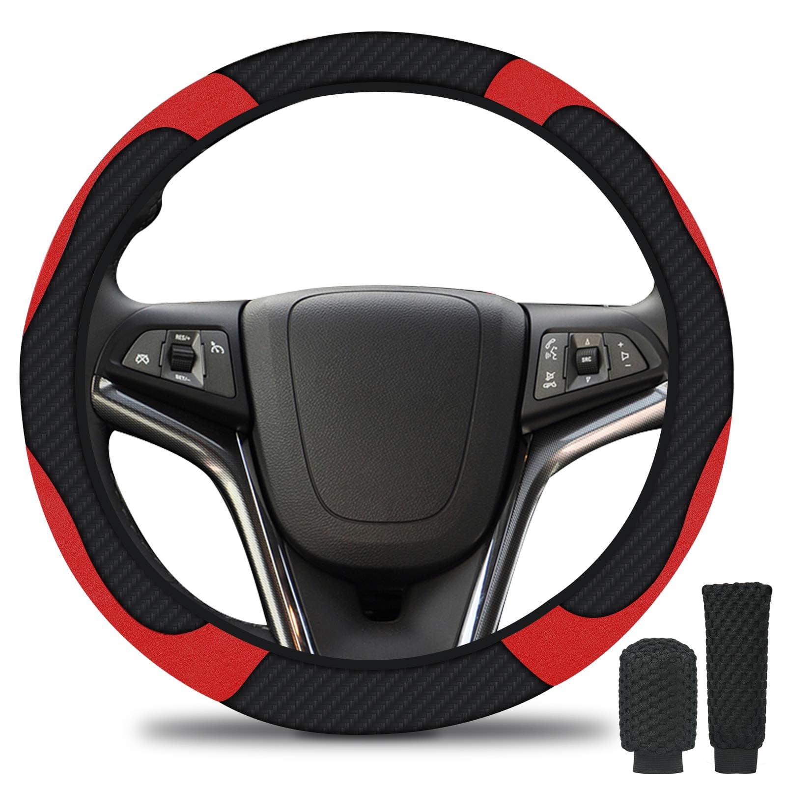 URAQT Steering Wheel Cover, 3 Pack Microfiber Leather Car Steering Wheel Cover Set Include Handbrake Cover Gear Shift Cover, Breathable Anti-slip & Universal Size, Black-Red