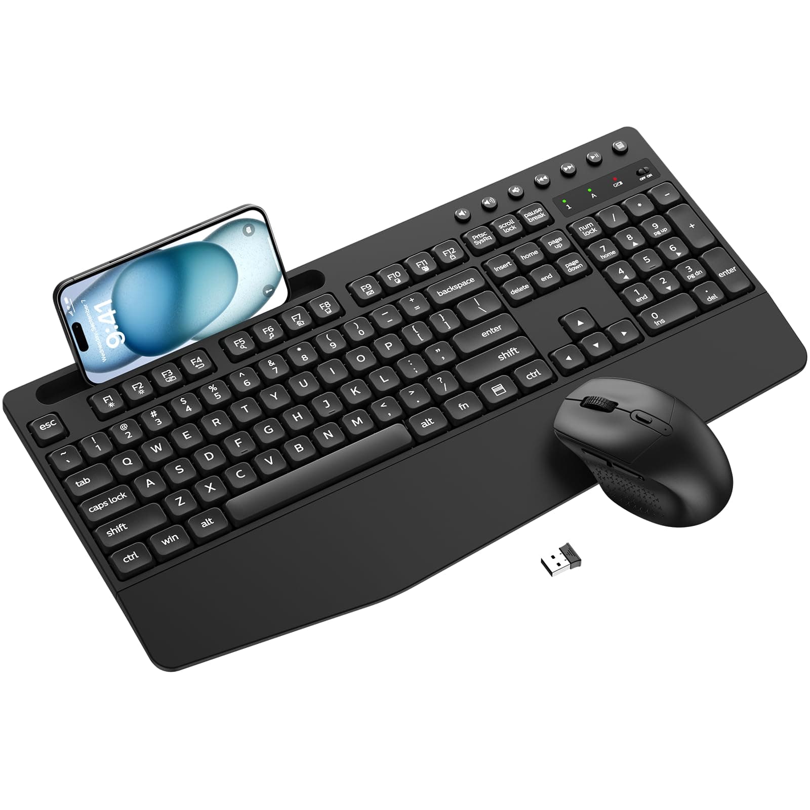 Wireless Keyboard and Mouse Combo with Palm Rest, Phone Holder, Full-Size Quiet Wireless Ergonomic Keyboard and Mouse, Comfortable Natural Typing Compatible for Windows, Laptop, Mac, PC
