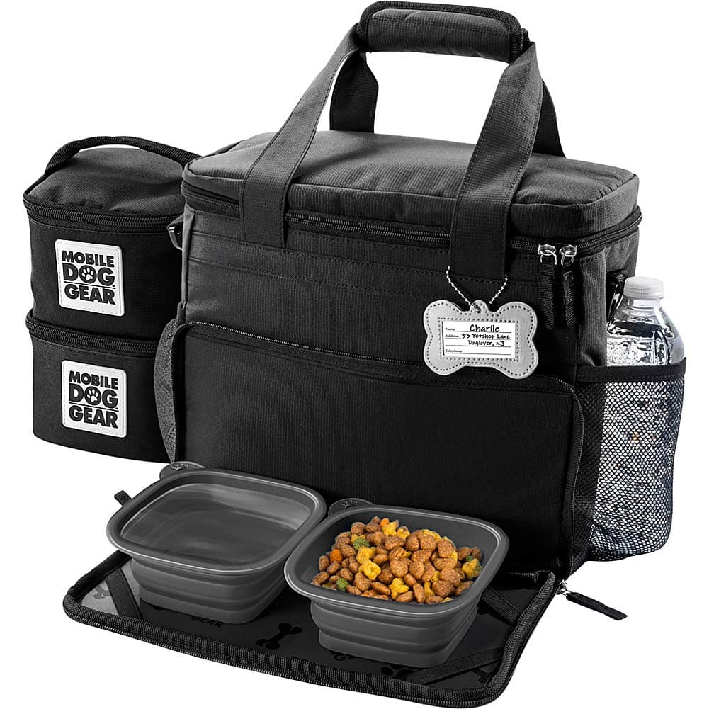 Week Away Dog Travel Bag for Small Dogs, Includes Lined Food Carriers and 2 Collapsible Dog Bowl, Black, Meets Airline Requirements