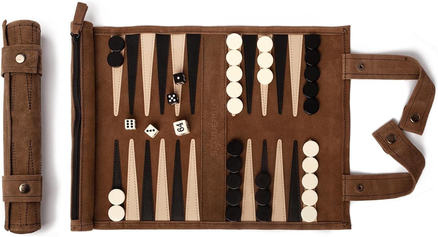 Sondergut Travel-Size Backgammon Set - Genuine Suede, Portable, Roll-up Lightweight Backgammon Travel Game - 2 Players, Ages 14+