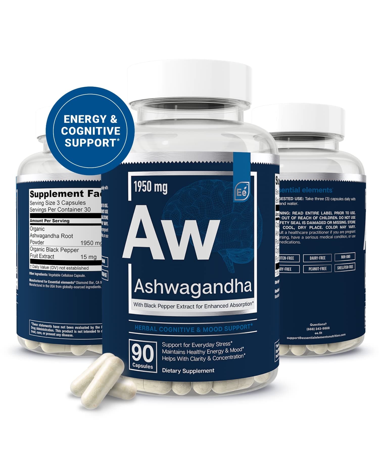 Essential ElementsOrganic Ashwagandha Root 1950mg with Organic Black Pepper Extract for Absorption | - 90 Vegan Capsules