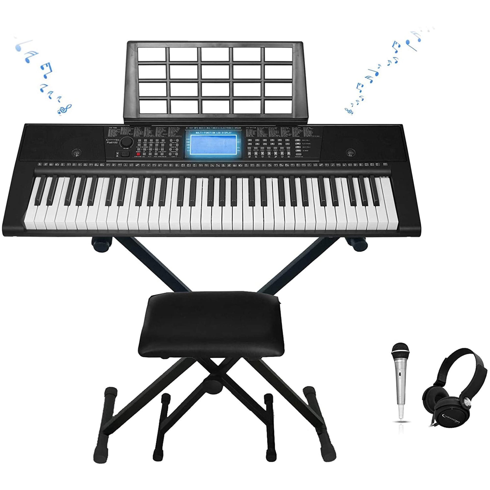 Technical Pro 61 Keys Electric Piano Learning Keyboard Bundle with Seat, Stand and Mic, 3x Learning Mode, Built In Speaker Headphone, LCD Display, LED Lights, Seat/Stand Included, USB, Wired Mic