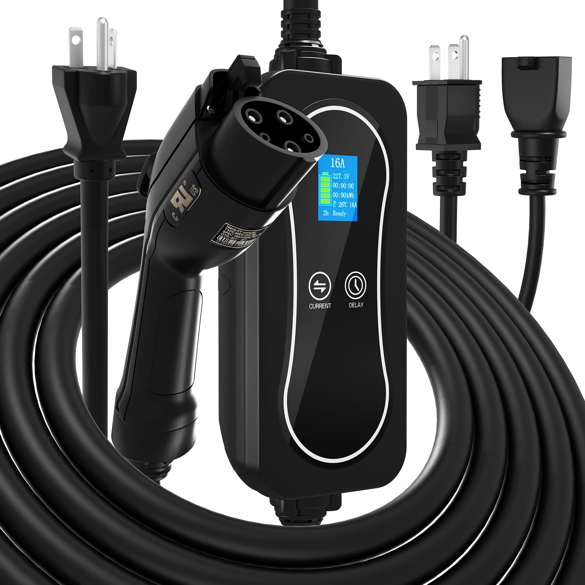 YITAHOME EV Charger Level 1-2 Delay 110-240V 16A Portable Electric Vehicle Charger with 25ft Extension Cable NEMA 6-20 Plug with NEMA 5-15 J1772 Charger Adapter