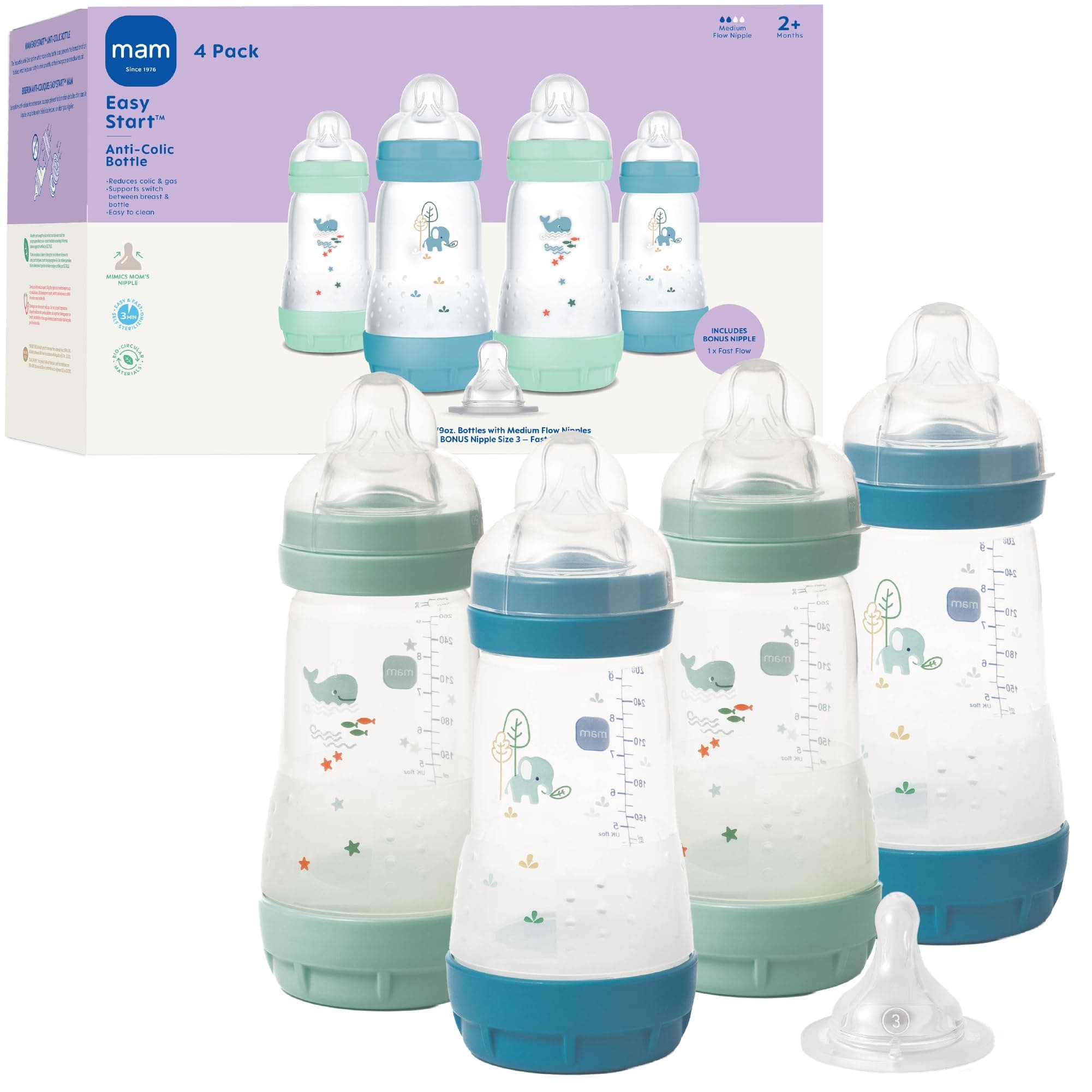 9oz Easy Start Anti-Colic Baby Bottle, Medium Flow with Bonus Fast Flow, Breastfeeding-Like Silicone, Reduces Colic and Gas, Easy-to-Clean, BPA-Free, Vented Bottle for Newborns