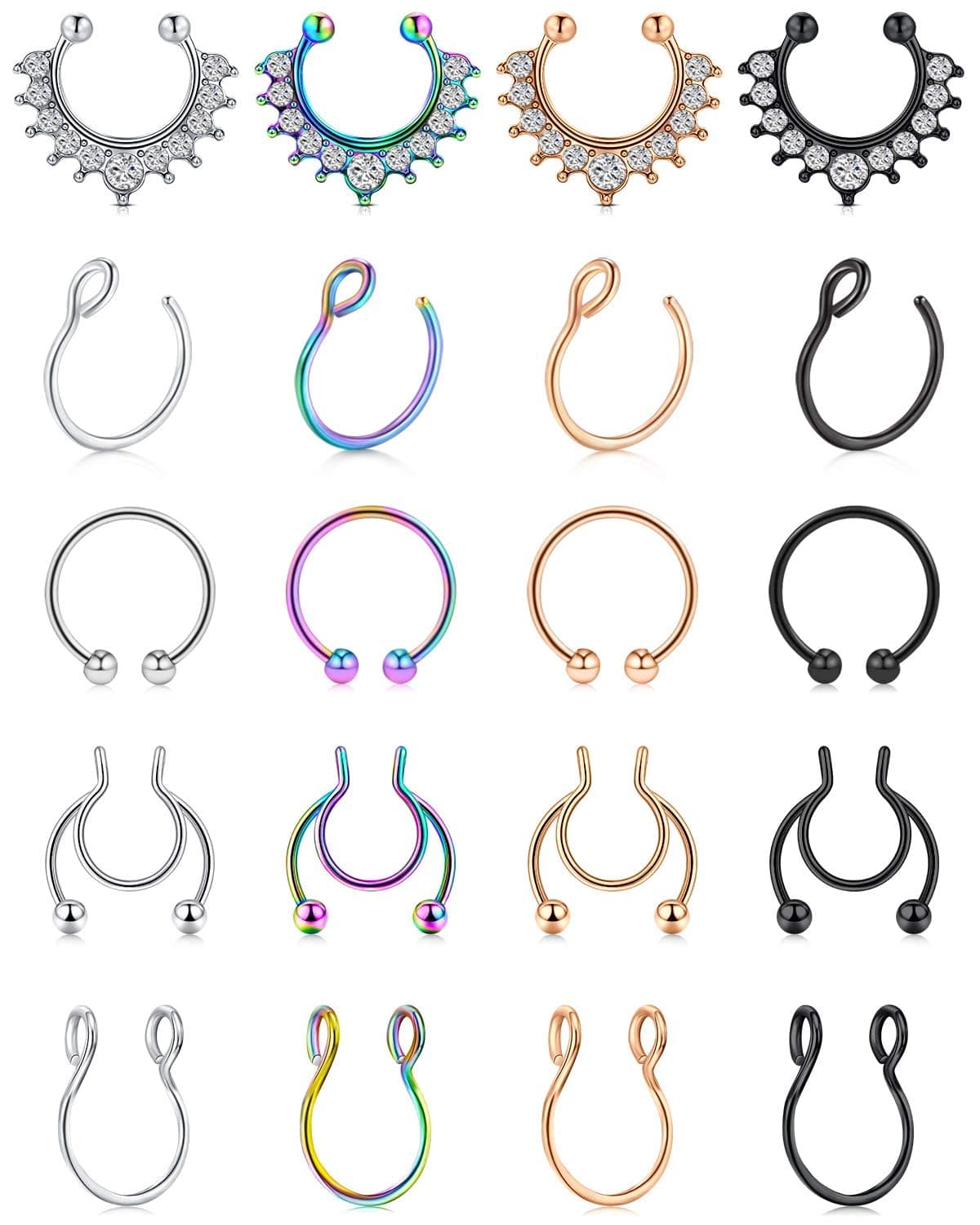 WillTen8Pcs Fake Nose Ring Septum Piercing with 2 Sheets Nose Stud Stick on Face Piercing, Fake Nose Stud Stickers Clip on Nose Ring Eyebrow Lip Ring Silver Gold Black