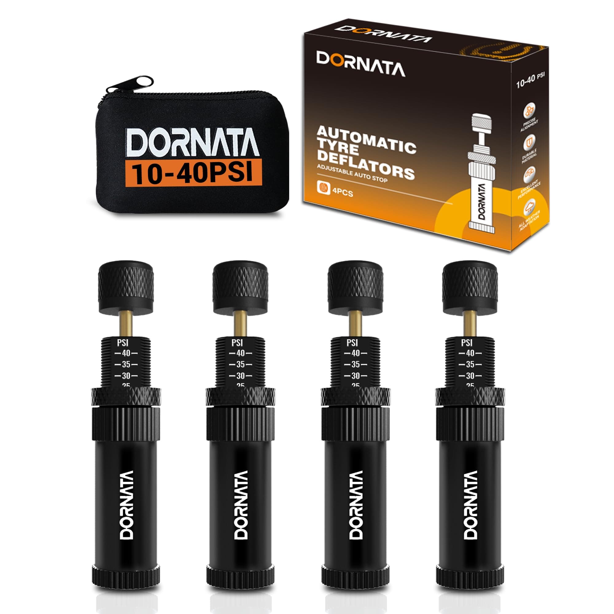 Adjustable Tire Deflator Auto-Stop (10-40 PSI) Offroad Accessories Valve Stem kit 4x4 Tyre Air Down Tool for Truck, Pickup, Motorcycle,Jeep etc.(Black)