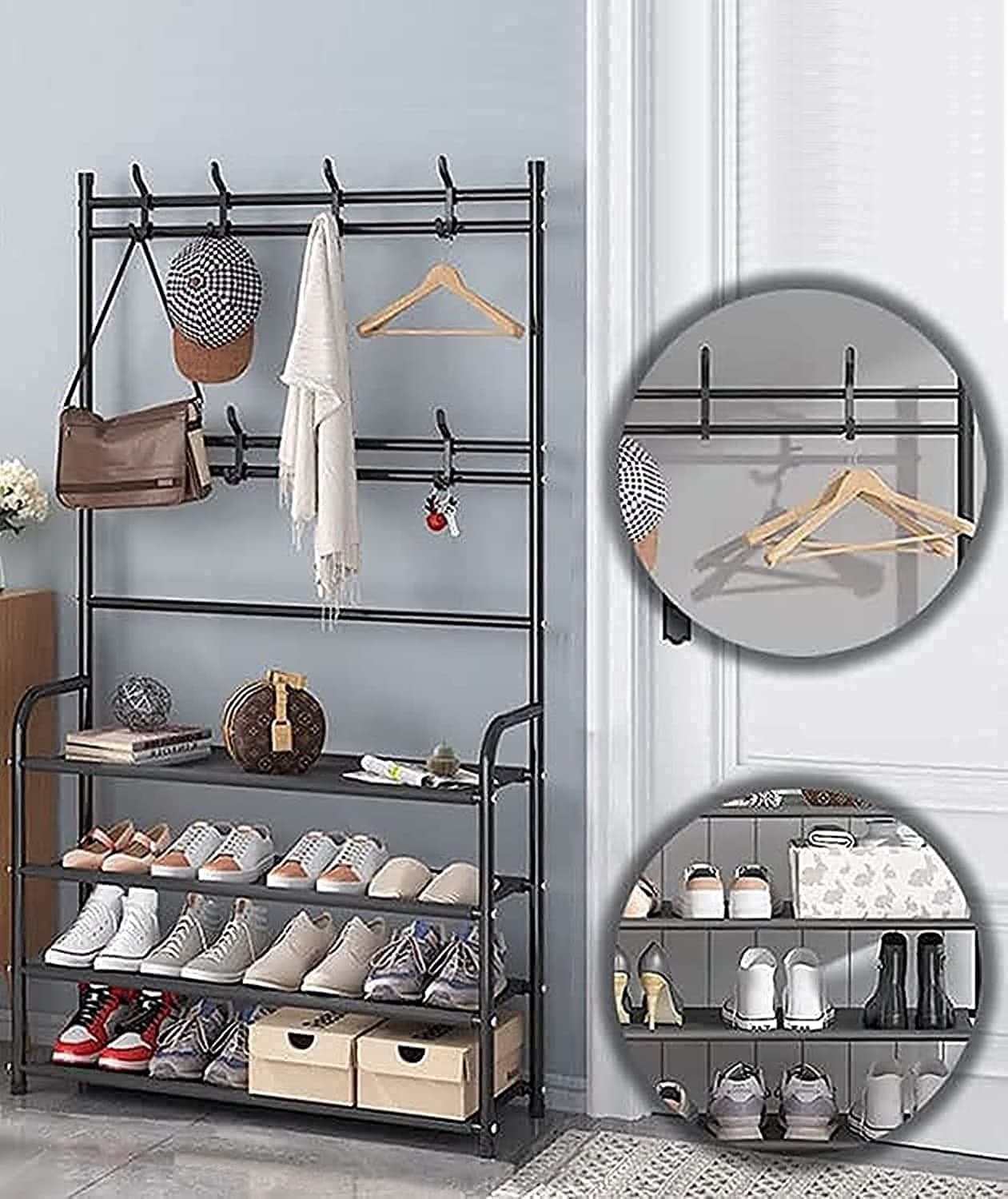 Multifunctional Entryway Coat Rack 4 Tier 3 in 1 Hall Tree Shoes Bench with Keys Hat Umbrella Stand Storage Shelves with 8 Hooks Hanger 4 Bottom Layer Organizer (Black)