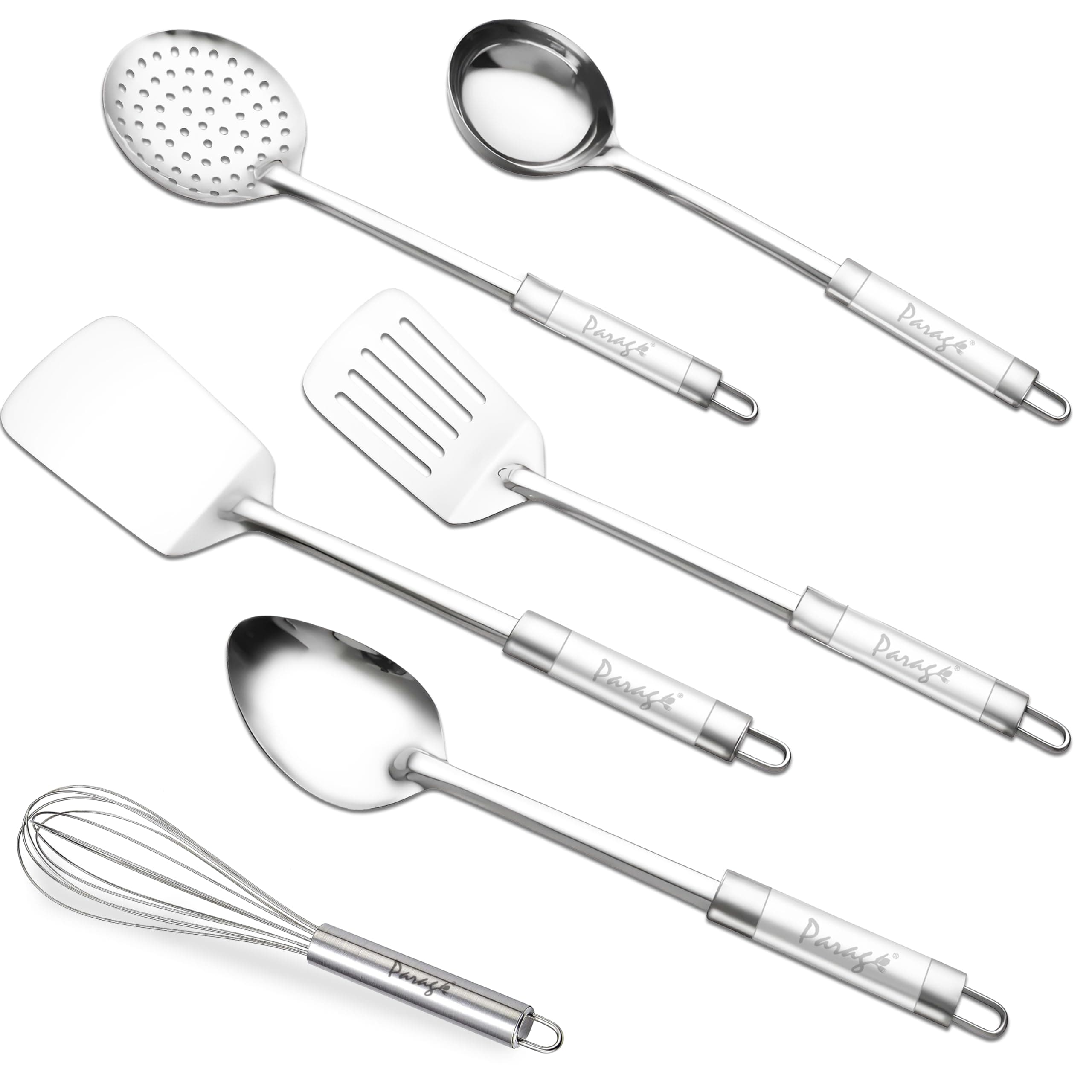 - Parage 6 Pieces Stainless Steel Kitchen Tools for Cooking & Serving, Basting Spoon (Chamcha), Ladle(Karchhi), Slotted Turner, Skimmer(Jhara), Turner/Spatula (Palta), Blending Egg Whisk, Silver