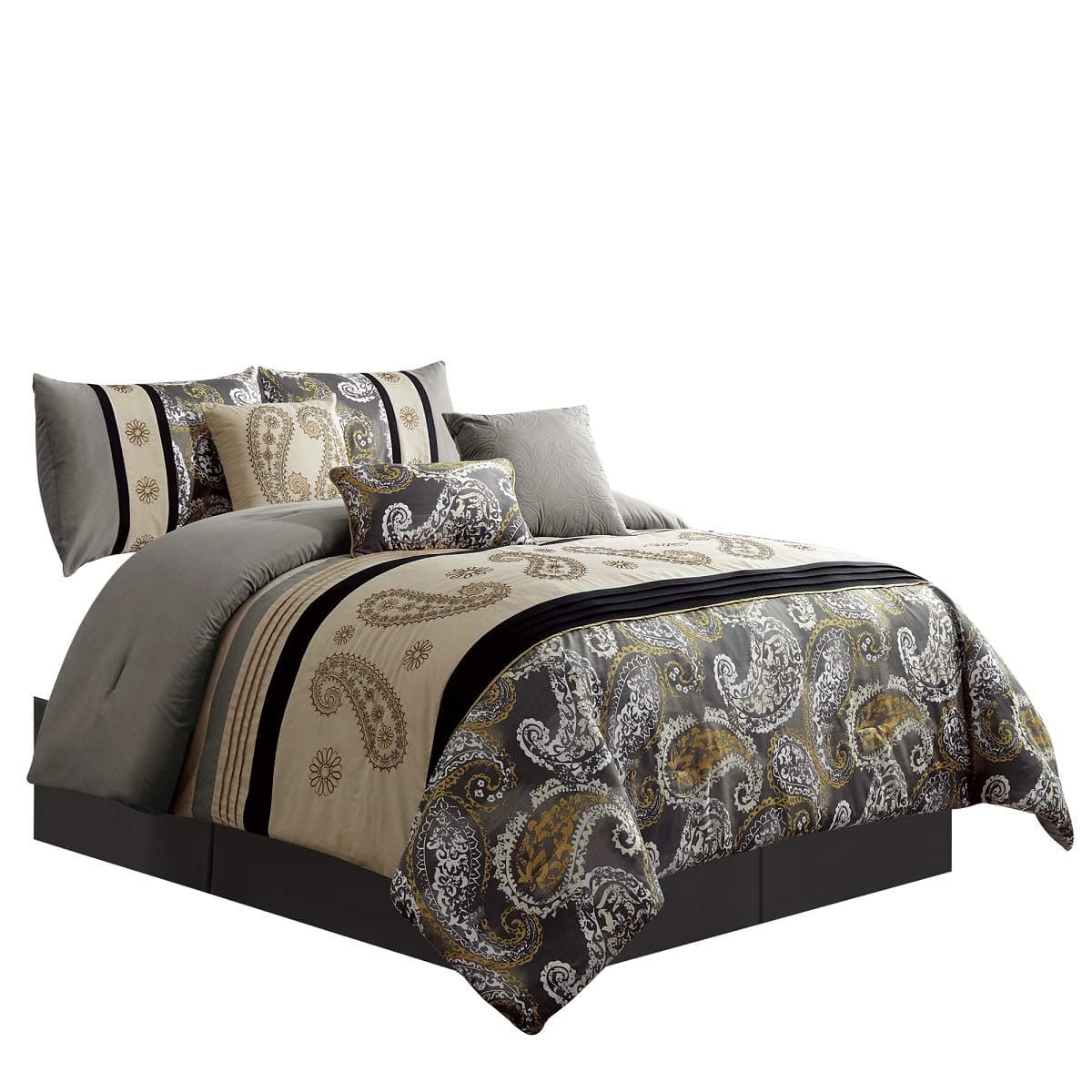 WPM 7 Piece Bedding Set, Grey, Beige, Taupe Comforter with Accent Pillows Queen Size Bed in a Bag Paisley