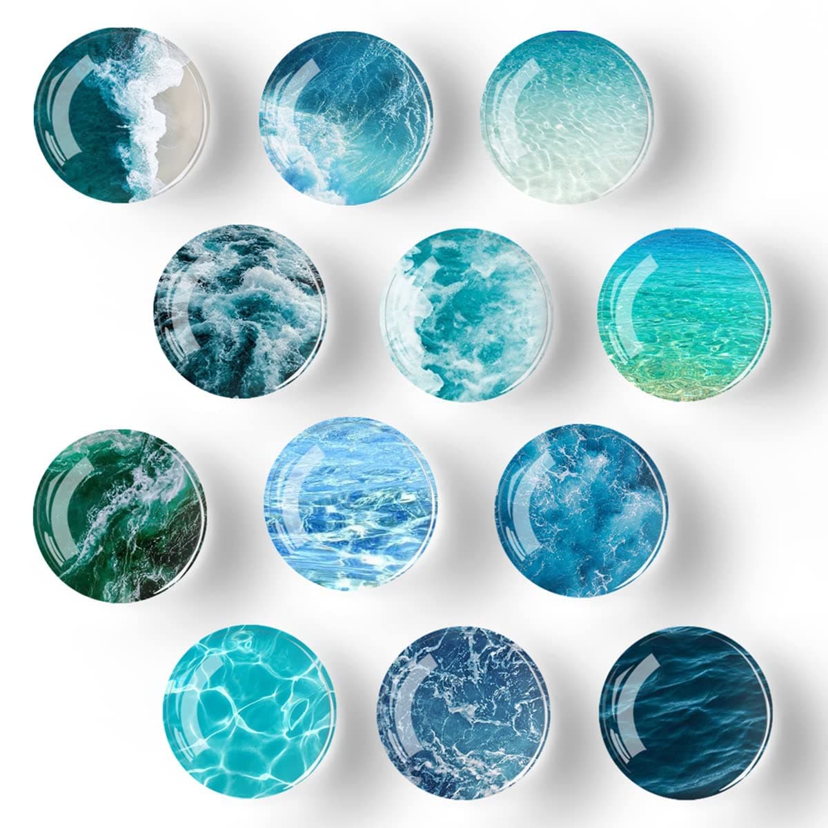 Bamsod 12 PCS Glass Strong Refrigerator Magnets, Ocean Pattern Series Whiteboard Magnets for Office Cabinets Round Fridge Stickers Home Kitchen Decor