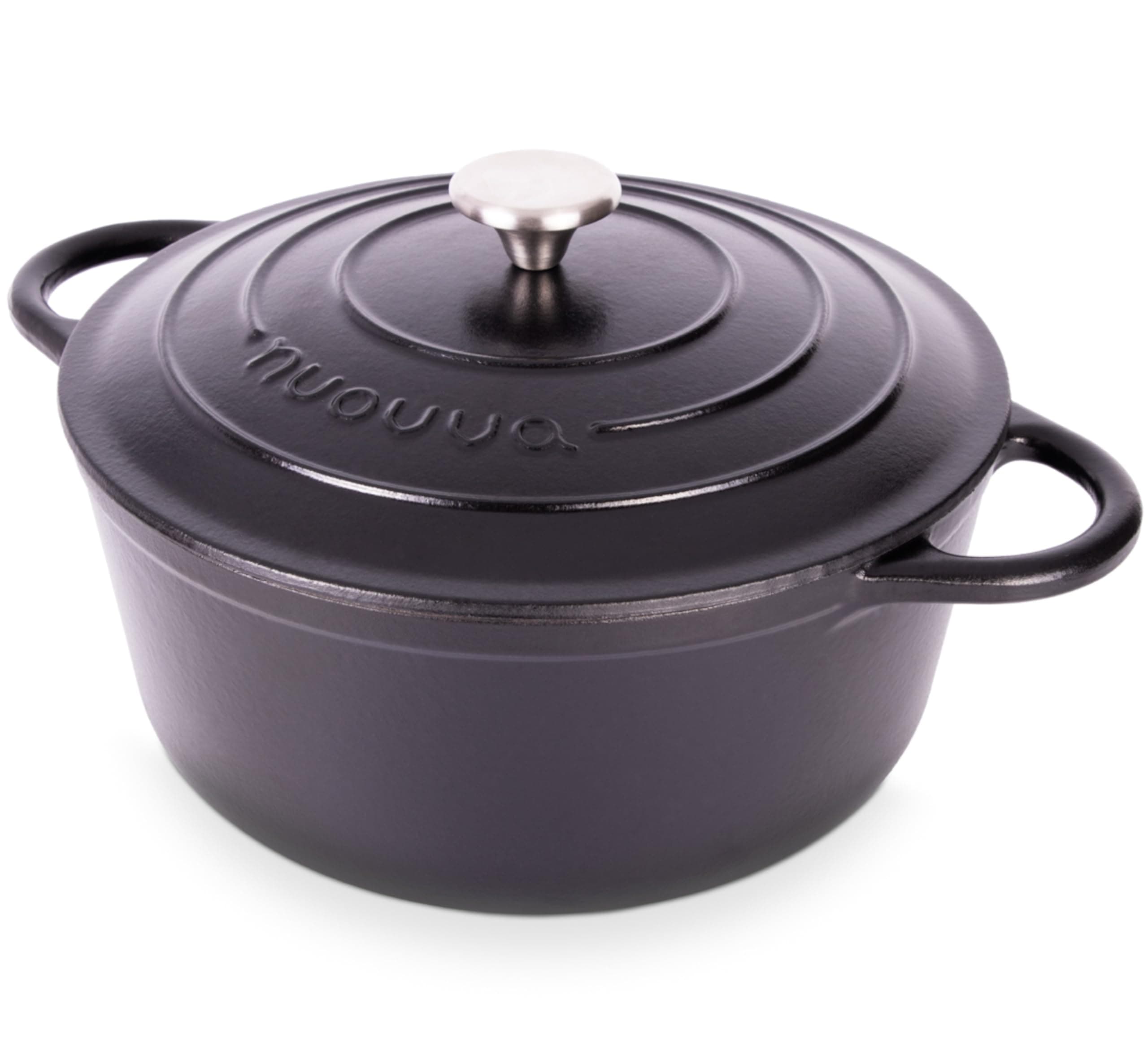 Nuovva Enamelled Cast Iron Dutch Oven Pot with Lid – 6.4 Quart Casserole Dish – Ceramic Dutch Oven for Bread Baking, Roasting, Braising & Stews – Oven Safe up to 500°F – 28cm Black