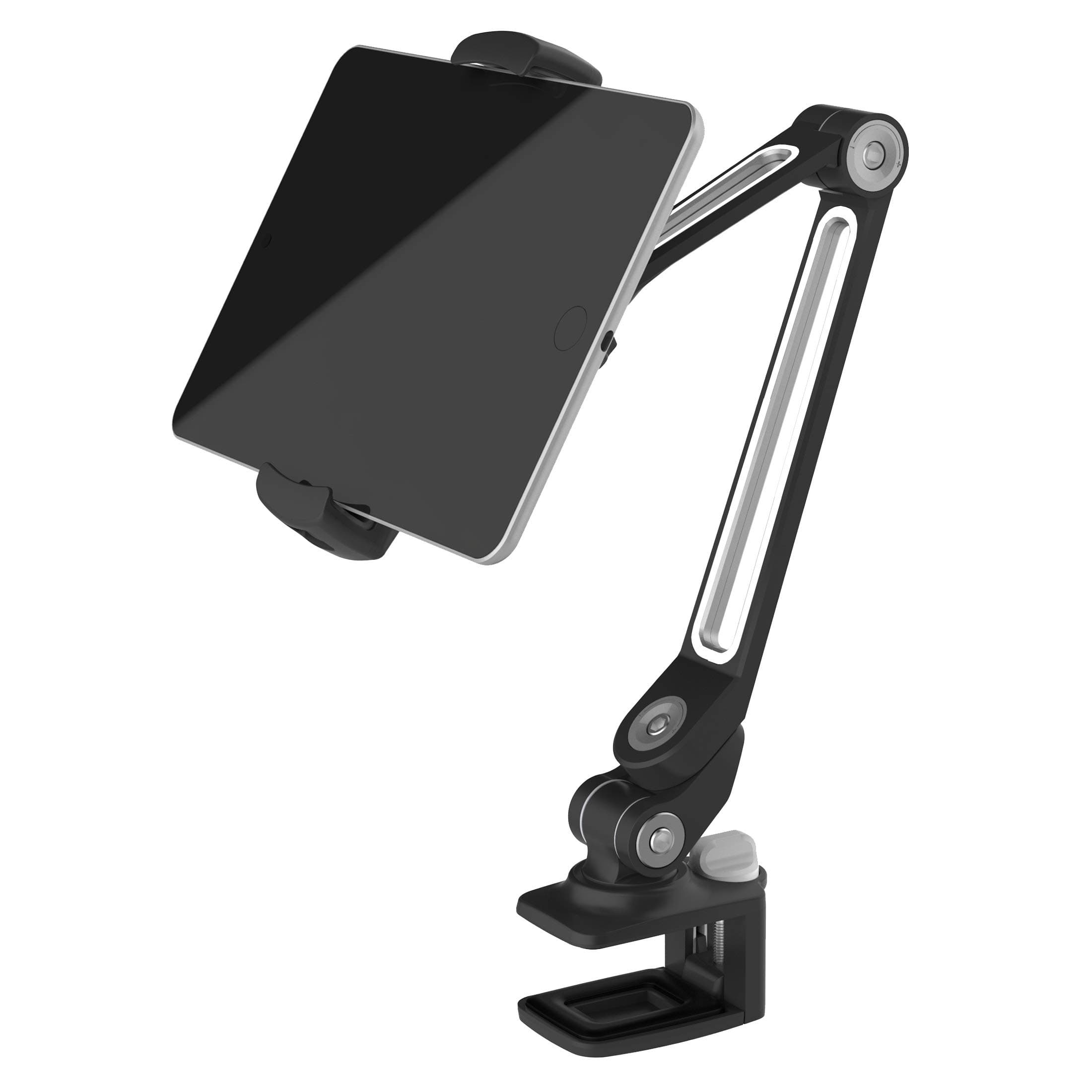 Tablet Stand Clamp Mount Holder, Adjustable Metal Stand for Apple or Android Devices 4-11 Inches - Black