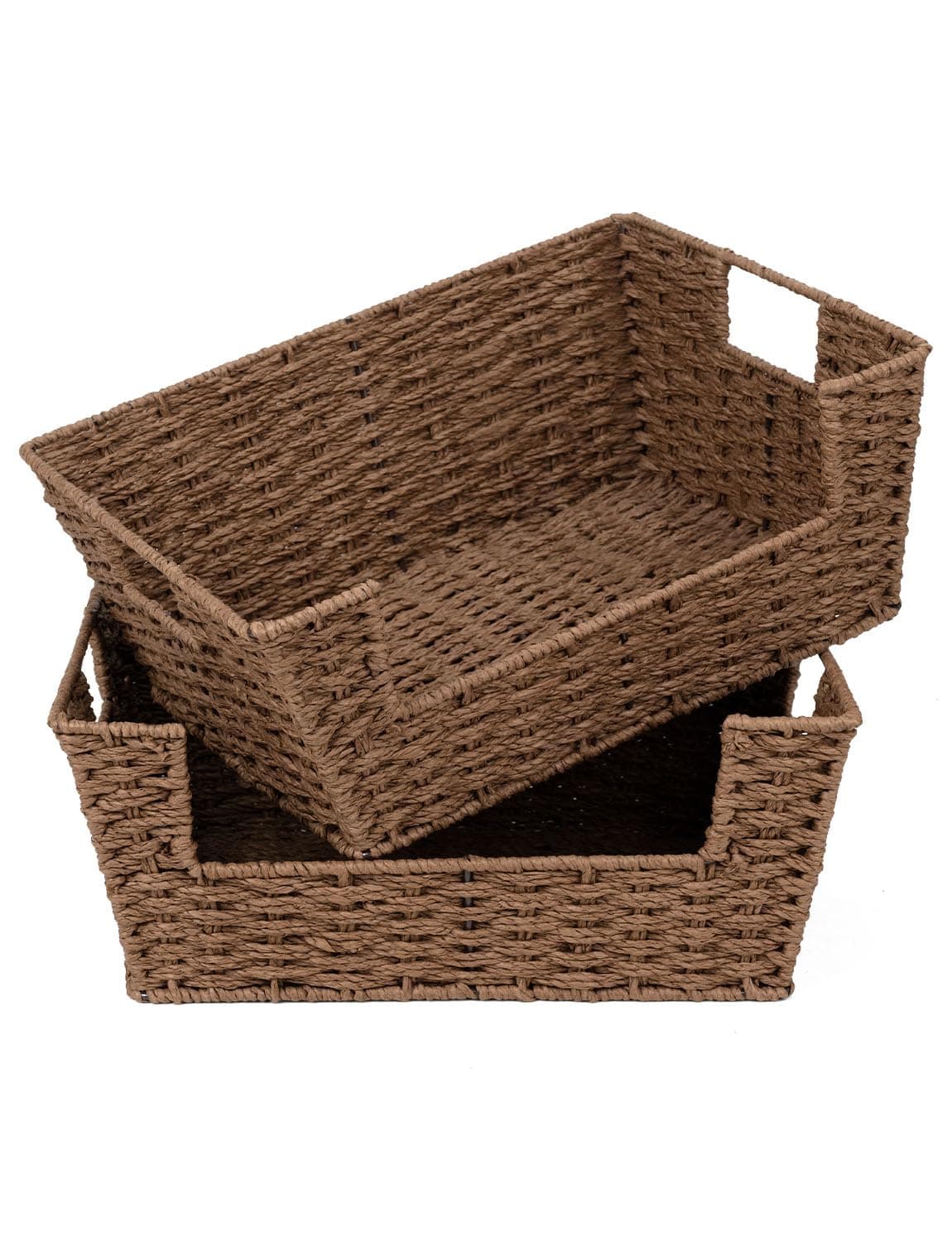 StorageWorks Seagrass Storage Basket, Hand-Woven Open-Front Bin with Handles, Brown, 13.8” x 11” x 5.5”, 2-Pack