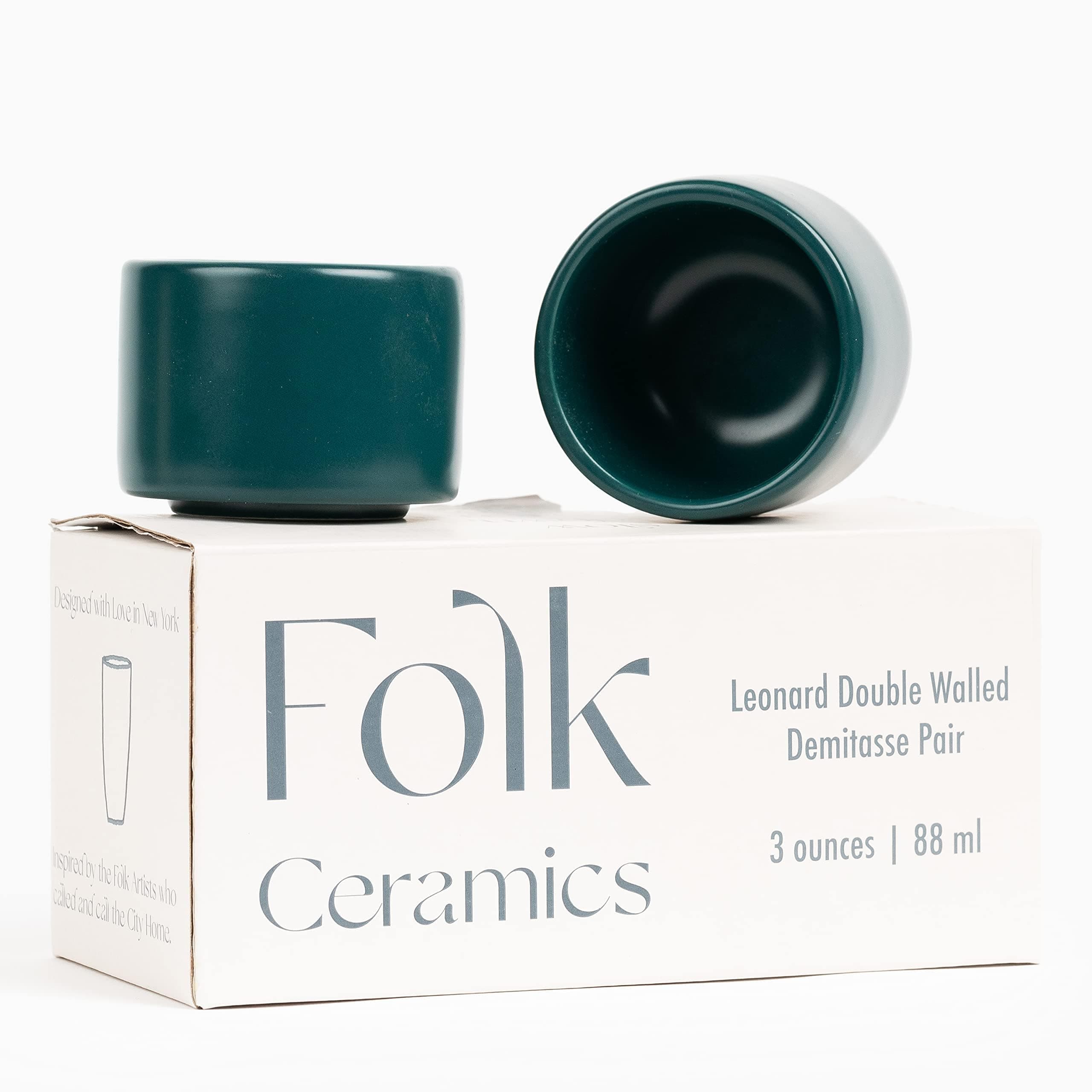 Folk Ceramics Leonard Double Walled Ceramic Espresso Cups | Set of 2, 3oz, Blue Emerald | Modern Insulated Stackable Demitasse Mugs for Espresso | Handleless, Durable, Dishwasher & Microwave Safe