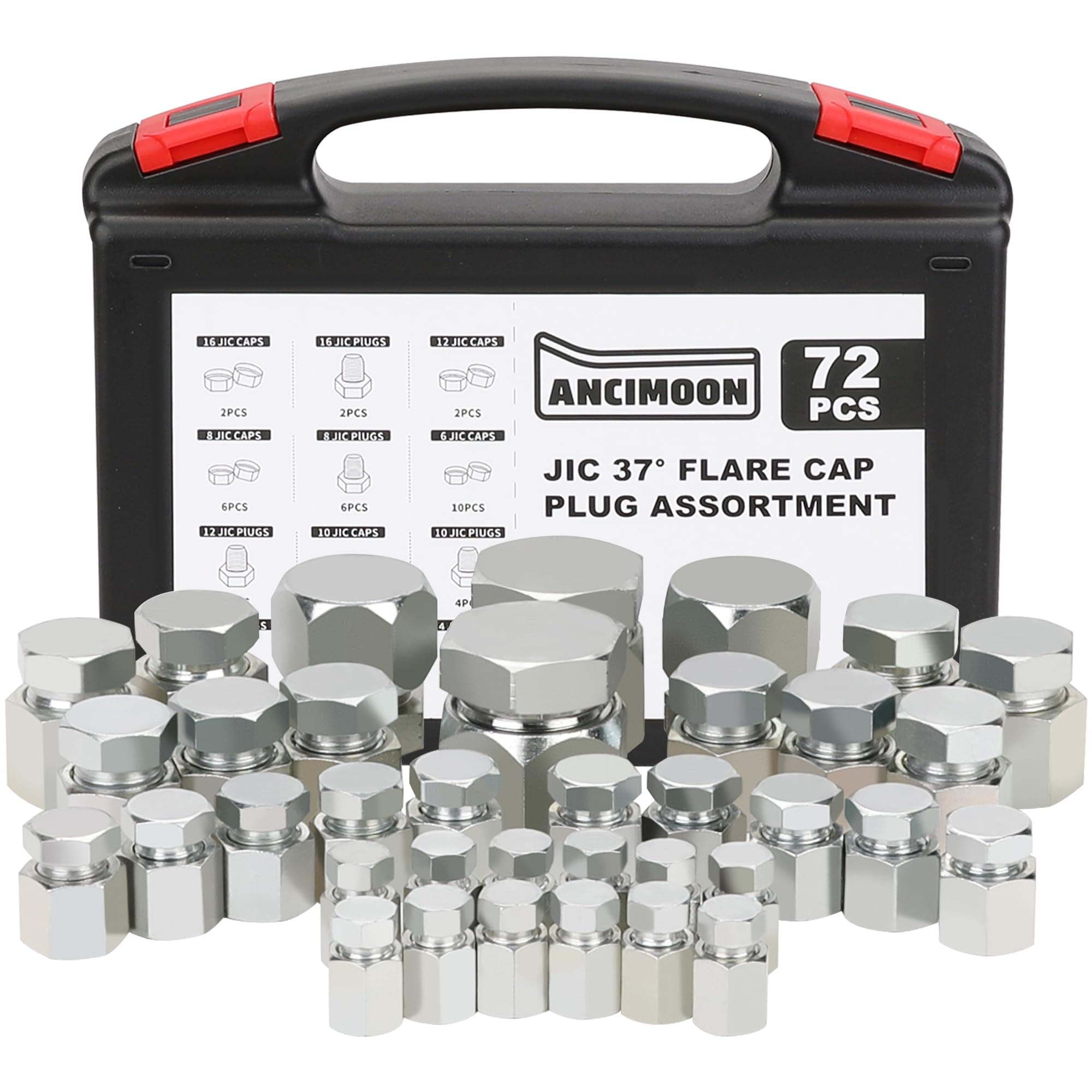 ANCIMOON 72PCS JIC Cap and Plug Set, 37 Degree Flare Threads Hydraulic Hose Fittings, Carbon Steel, Size 4 6 8 10 12 16