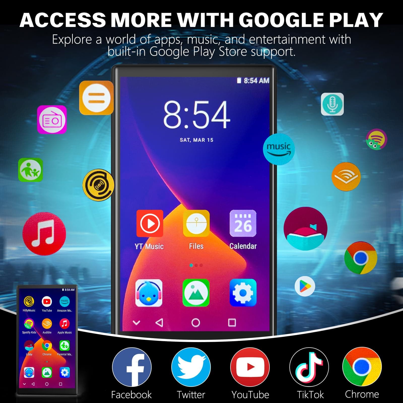 80GB MP3 Player with Bluetooth and WiFi, 4" Touchscreen MP4 MP3 Player with Spotify, Amazon Music, Play Store,FM Radio,Audible, Android Music Player with Speaker, Up to 1TB, Type-C Charging