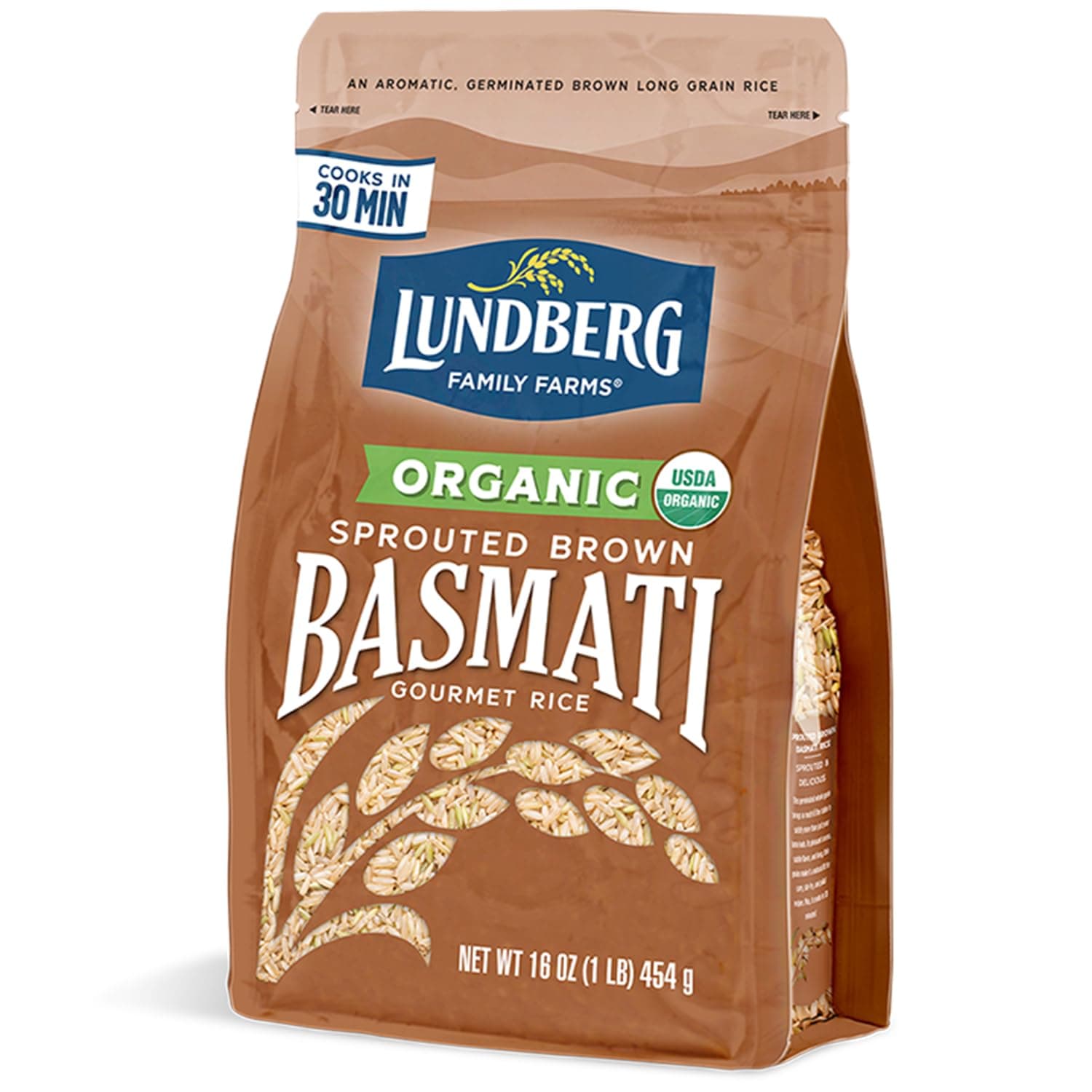 Lundberg Basmati Rice, Organic Sprouted Brown Long Grain Rice - Nutty & Nutritious Brown Rice Grown in California, Ready to Eat in 30 Minutes, Pantry Staples, 16 Oz