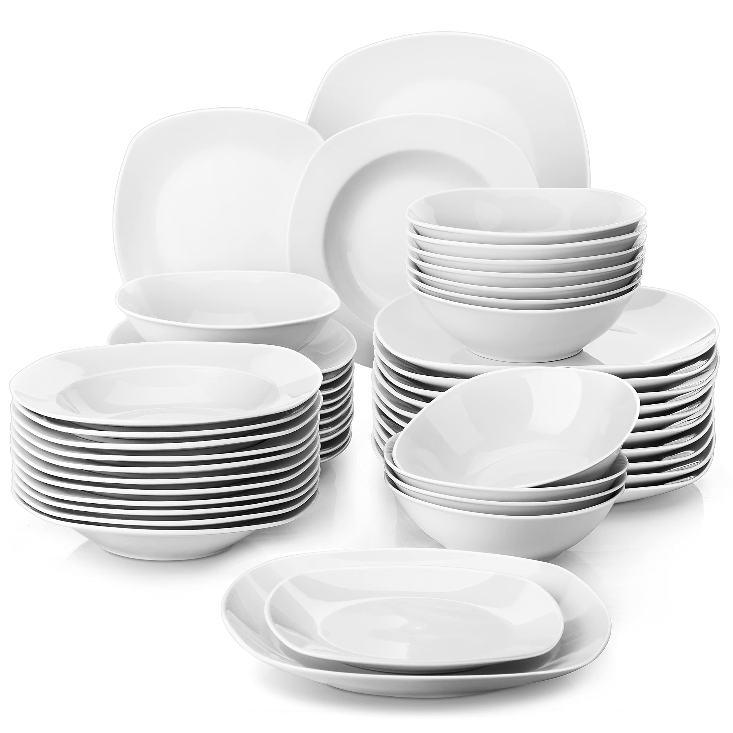 Series Elisa, 48-Piece Dinner Sets Ivory White Porcelain Dinnerware Set with 12-Piece Bowls/Dinner Plates/Dessert Plates/Deep Dinner Plates