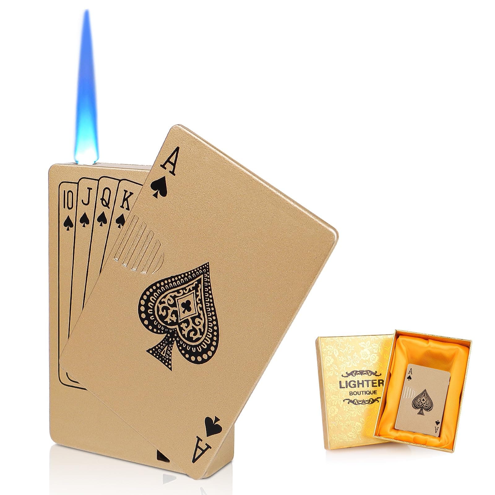 Jet Torch Ace Lighter, Gold Playing Cards Cool Design, Gorgeous Box for Gifts, Butane Refillable Torch Lighter for Outdoors, Portable Windproof Lighters for Smoking, Candles, BBQ