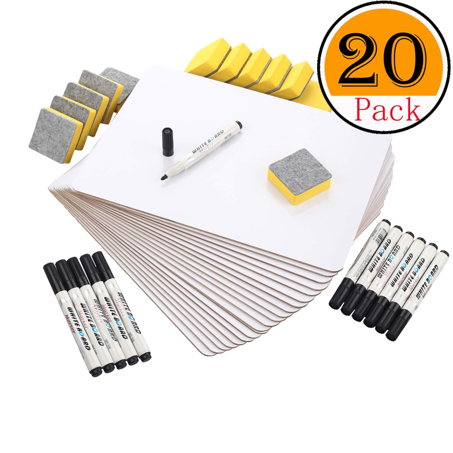 20 Pcs Dry Erase Lapboards Markers & Erasers Set - 9 x 12 Inch Whiteboards,2-Inch Dry Erasers & Black Dry Erase Markers,Great for Teachers, Students, Children, Classroom (20-Set)