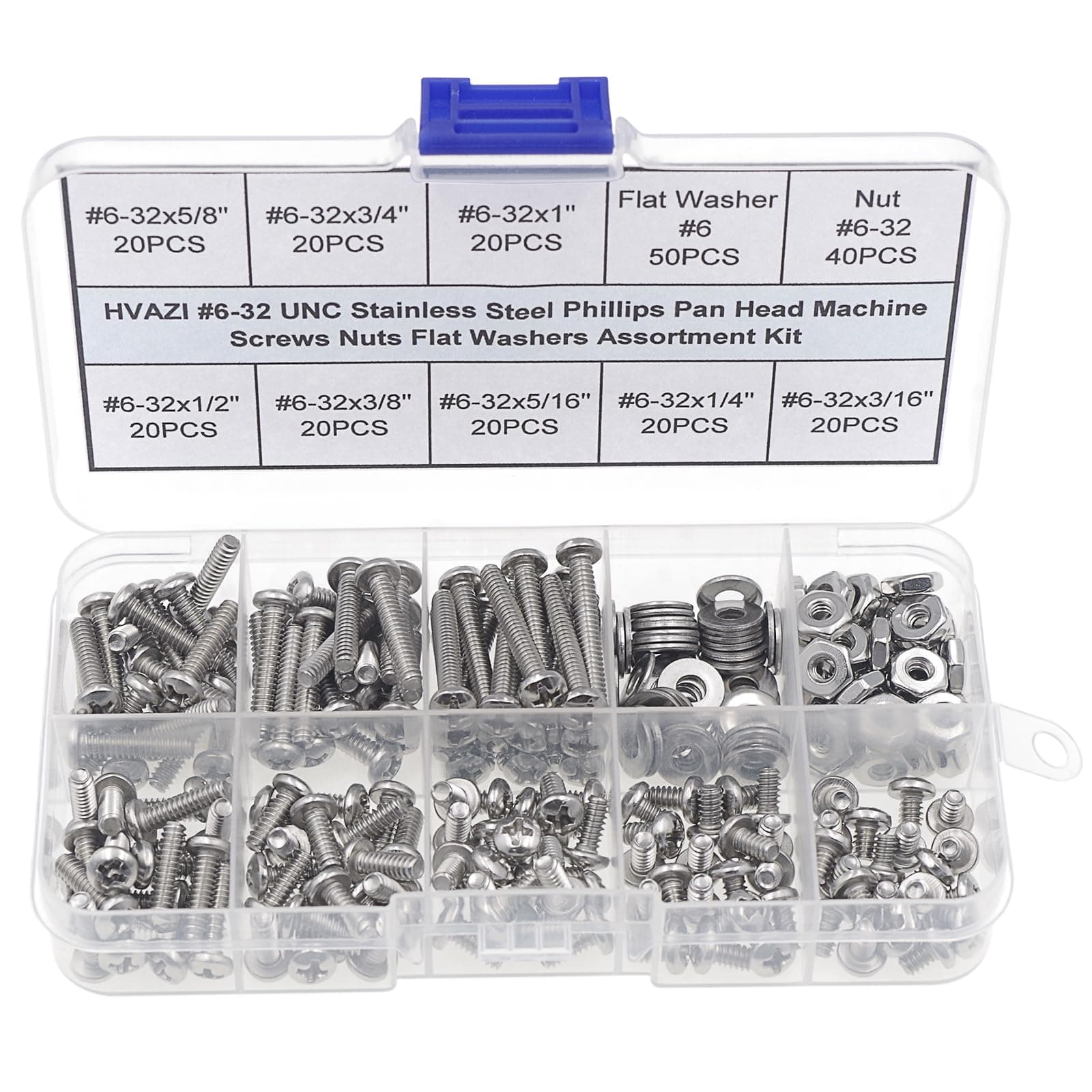 #6-32 UNC Stainless Steel Phillips Pan Head Machine Screws Nuts Flat Washers Assortment Kit