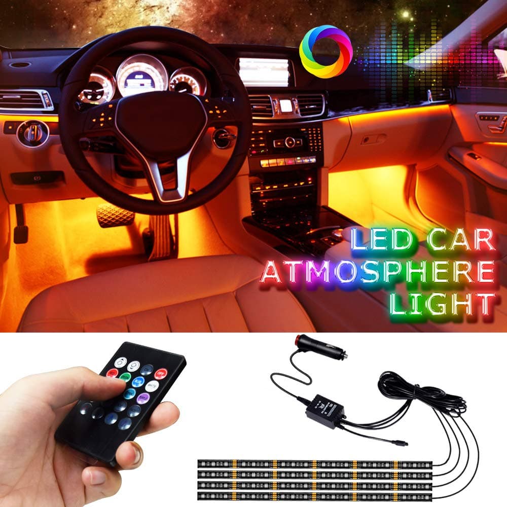 LETOUR Car Interior Lights, Universal Waterproof LED Atmosphere Strip Light,4pcs 72 LEDs 8 Colors with Sound Sensor and Remote Control, Car Charger Included,DC 12V