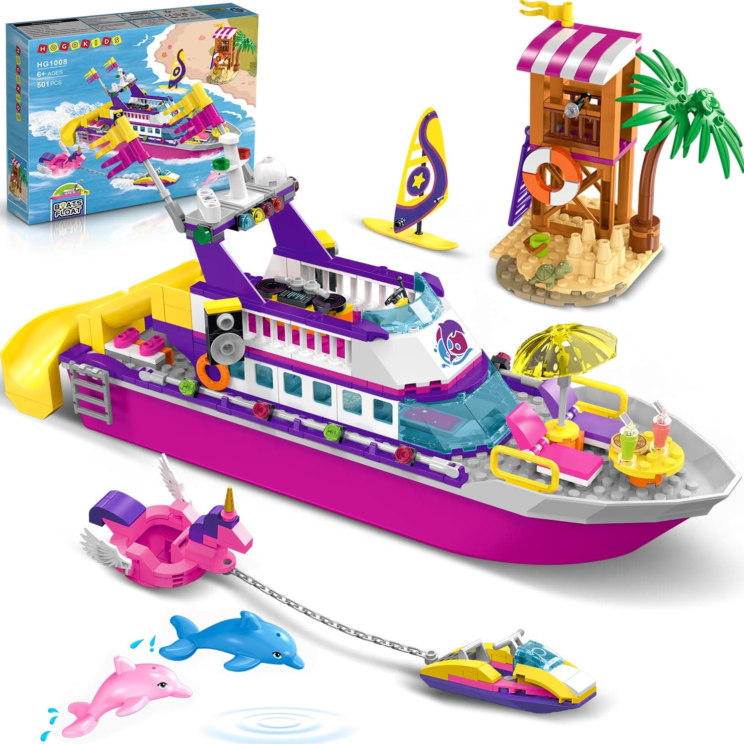 HOGOKIDSBoat Building Set with LED Light - Floatable Cruise Ship Building Toys with Beach Water Scooter & Dolphins Watchtower Blocks Friends Playset Gifts for Kids Girls Boys Ages 6-12 Years(501 PCS)