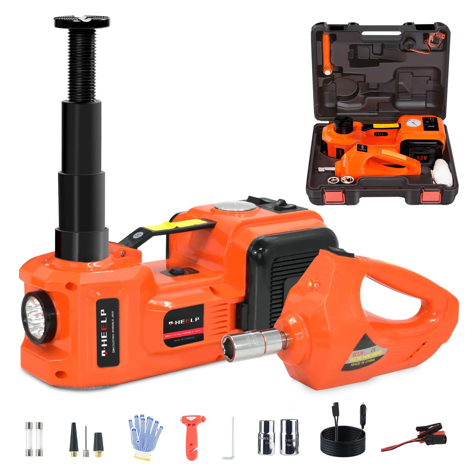 E-HEELP Electric Car Jack Kit 5Ton 12V Hydraulic Car Jack Lift (Lifting Range: 6.1~17.7 inch) with Electric Impact Wrench for SUV MPV Sedan Truck Change Tires Garage Repair