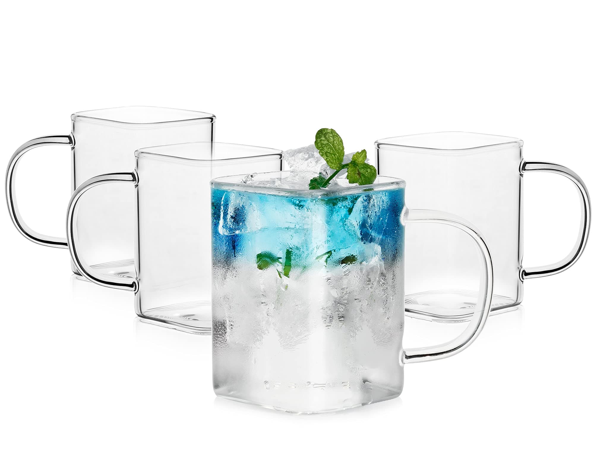 LUXUDrinking Glasses 8 oz With Handle,Set of 4 Thin Square Glasses,Elegant Bar Glassware For Water,Juice,Beer, Drinks,and Cocktails and Mixed Drinks,Lead-Free Square Glass,Glass Drink Tumblers