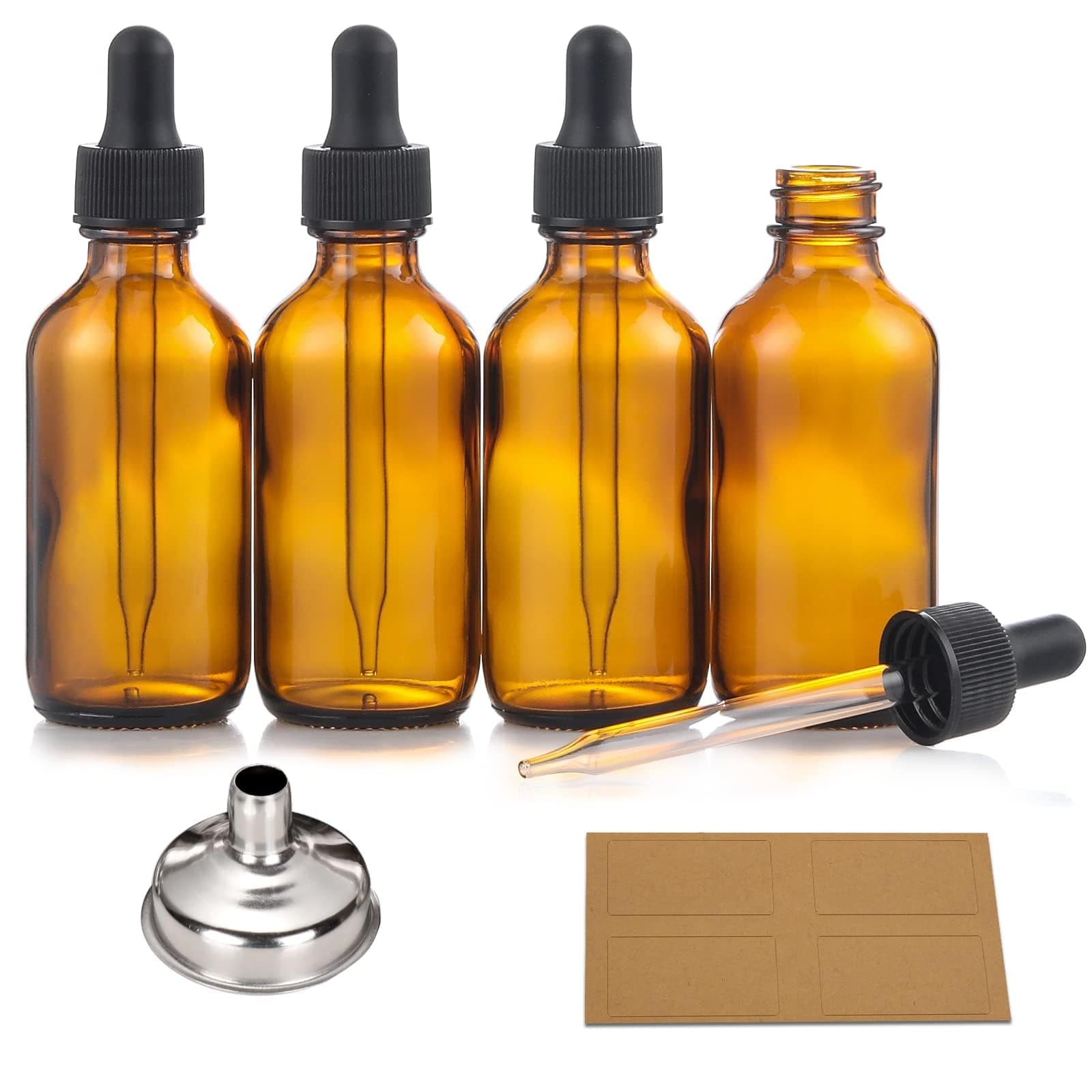 4 Pack, 2 oz Bottles with Dropper & 1 Funnel & 4 Labels - Essential Oils Bottles for Health, Personal Care & Beauty - 60ml Thick Dark Amber Glass Tincture Bottles, Refillable Cosmetic Containers