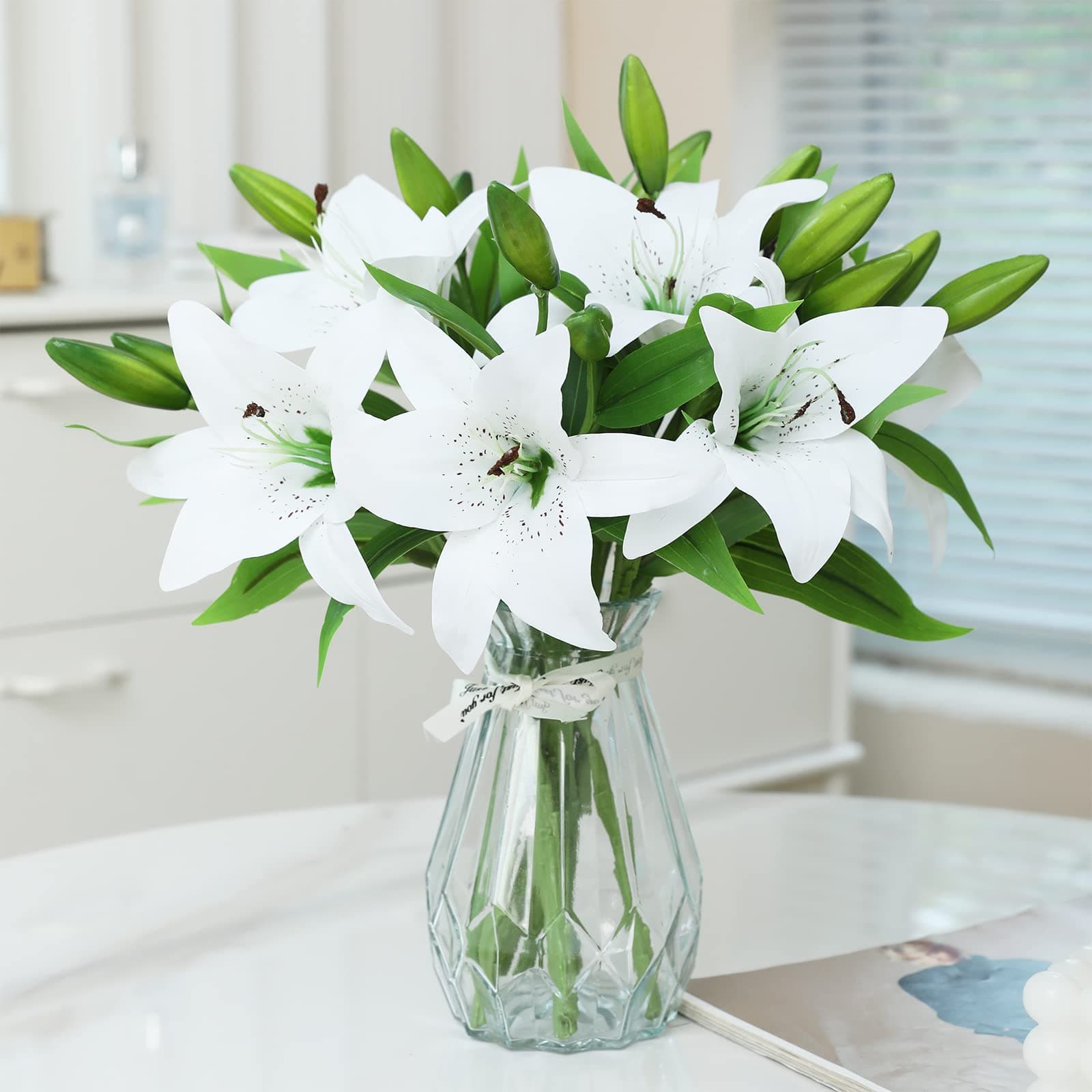 Hananona 8 Pcs Artificial Tiger Lily Real Touch Easter Lily Fake Spring Flowers for Wedding Home Party Easter Decoration Plastic Cemetery Faux Flowers (White, 8)