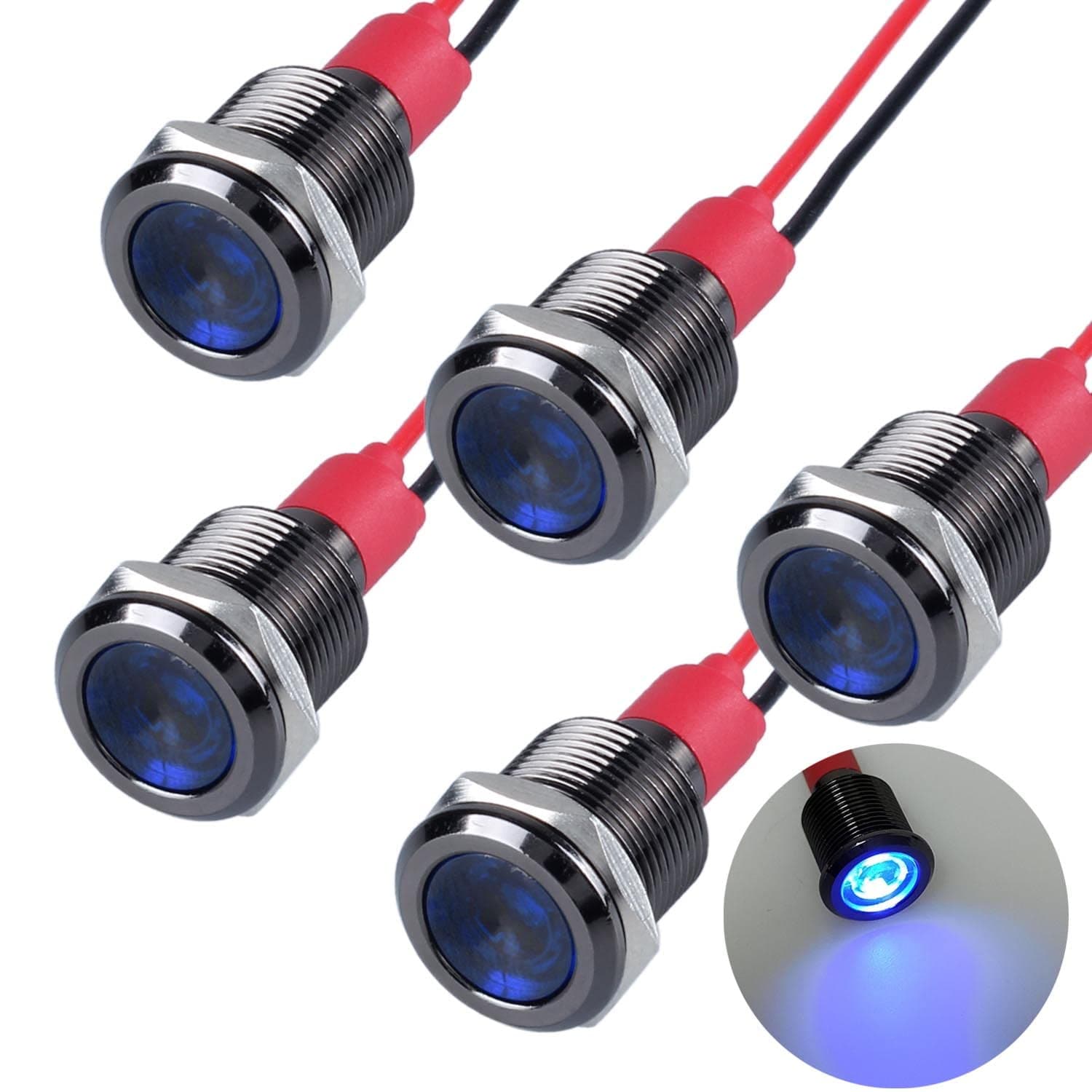 5 Pcs 12V-24V 20mA Energy Saving LED Indicator Light Aluminium Alloy Housing 12mm (0.47") Mounting Hole Waterproof with 15cm/5.9in. Wire for Car Truck Boat (Blue LED)