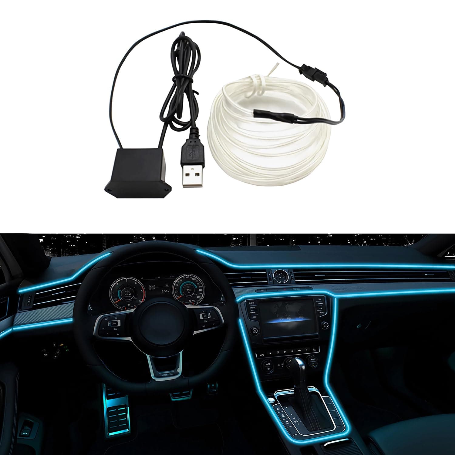 EL Wire Interior Car LED Strip Lights, LEDCARE 16.5FT USB Neon Glowing Strobing Electroluminescent Wire Strip with 6mm Sewing Edge, Ambient Lighting Kits for Car Inside Decoration (Ice Blue)
