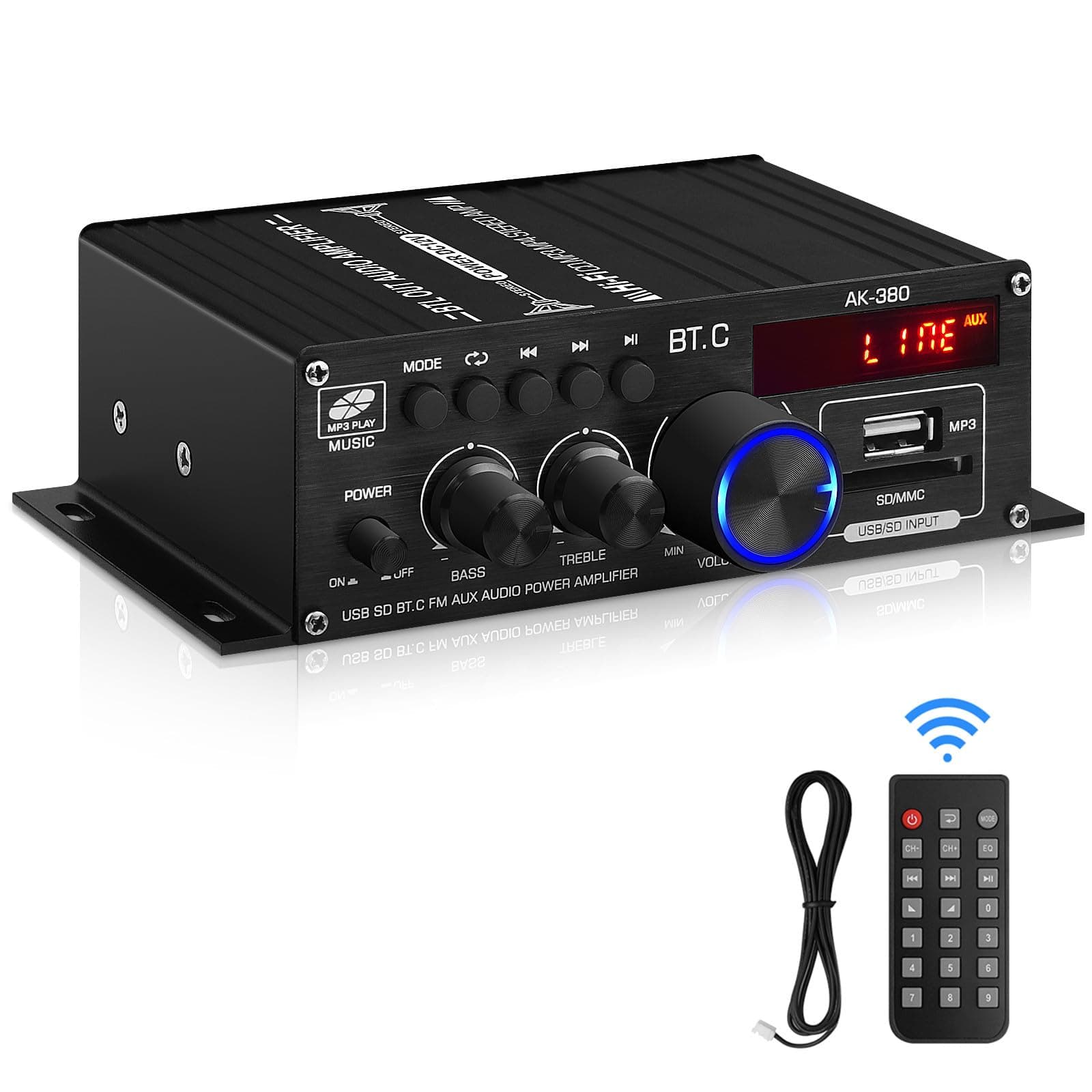 Bluetooth 5.0 Audio Power Amplifier AK-380 400W+400W 2.0 CH HiFi Stereo Amp Receiver with USB,SD,AUX,FM Antenna for Car Home Speaker Bar Party-(Without Power Adapter)